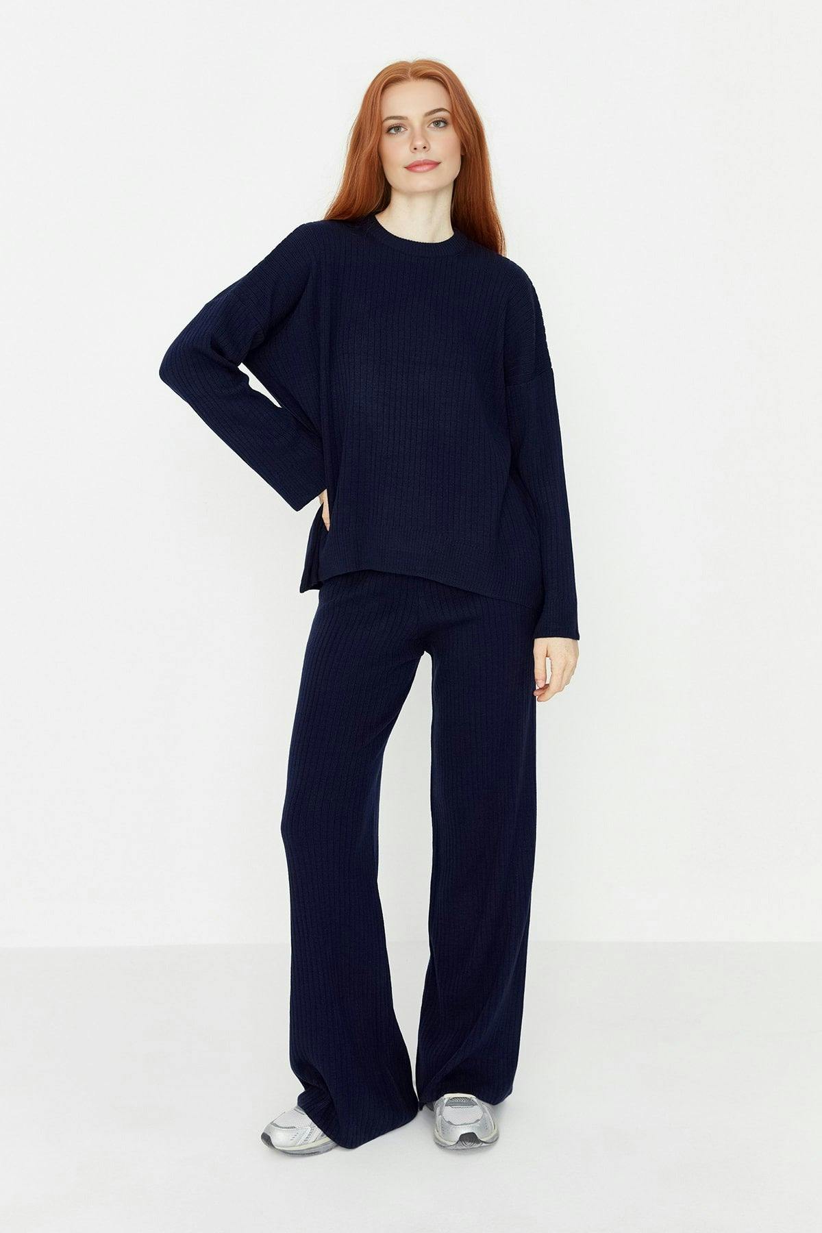 Wovcor 2-Piece Loose Fit Basic Ribbed Knit Top & Pants Set - Navy - M