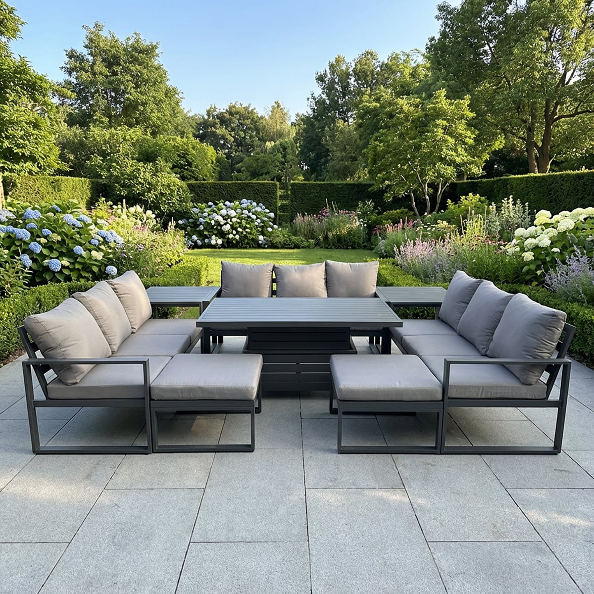 Fimous Grey 11 Seater Aluminum Outdoor Garden Furniture Set With Adjustable Rising Dining Table, 3 Sofas, 2 Footstools, 2 Side Tables