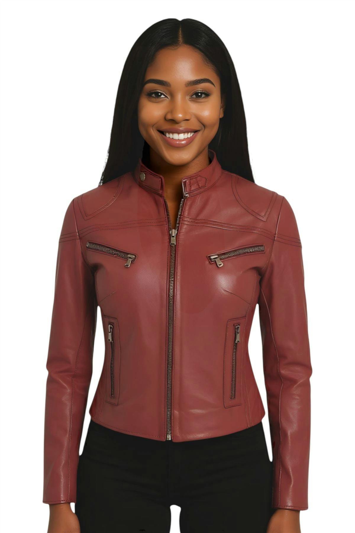 Infinity Leather Women's Burgundy Casual Slim-Fit Leather Biker Jacket-Tulsa - Uk 4XL/22 | Eu 48 | Us 18
