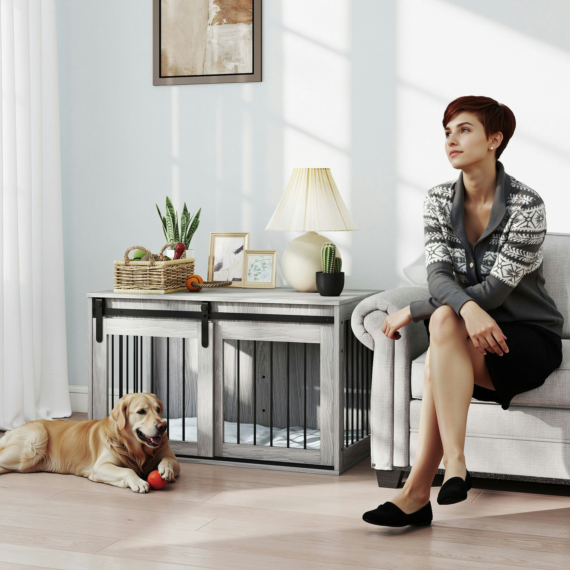 Pawhut Grey Dog Crate Furniture With Removable Cushion, For Dogs - 98 X 58X 61 Cm
