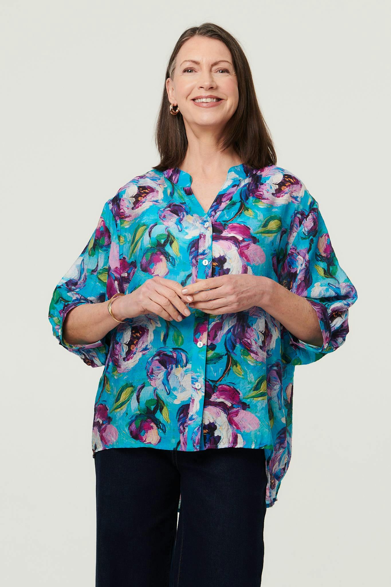 Izabel London Blue Floral Button 3/4 Sleeve Relaxed Blouse - 16