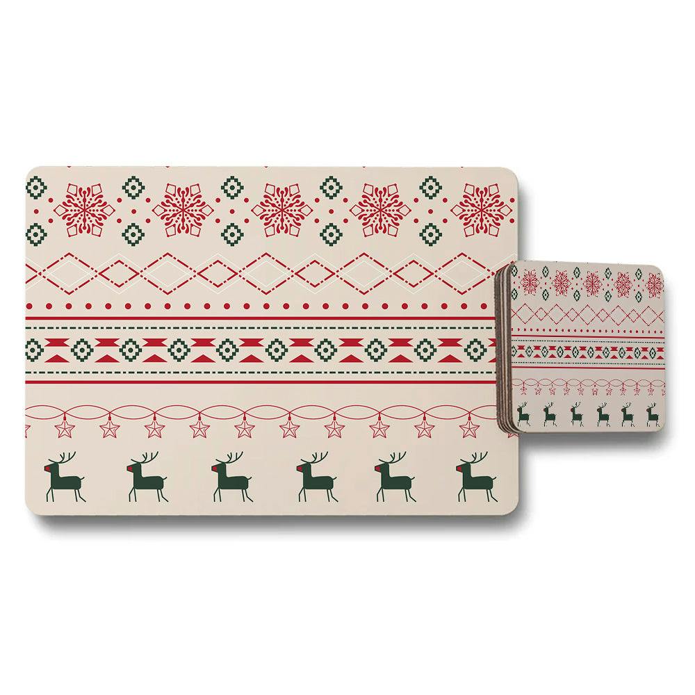 Benjamin Tate Design Beige/Red/Green Christmas Placemats And Coaster Set With Reindeer Pattern