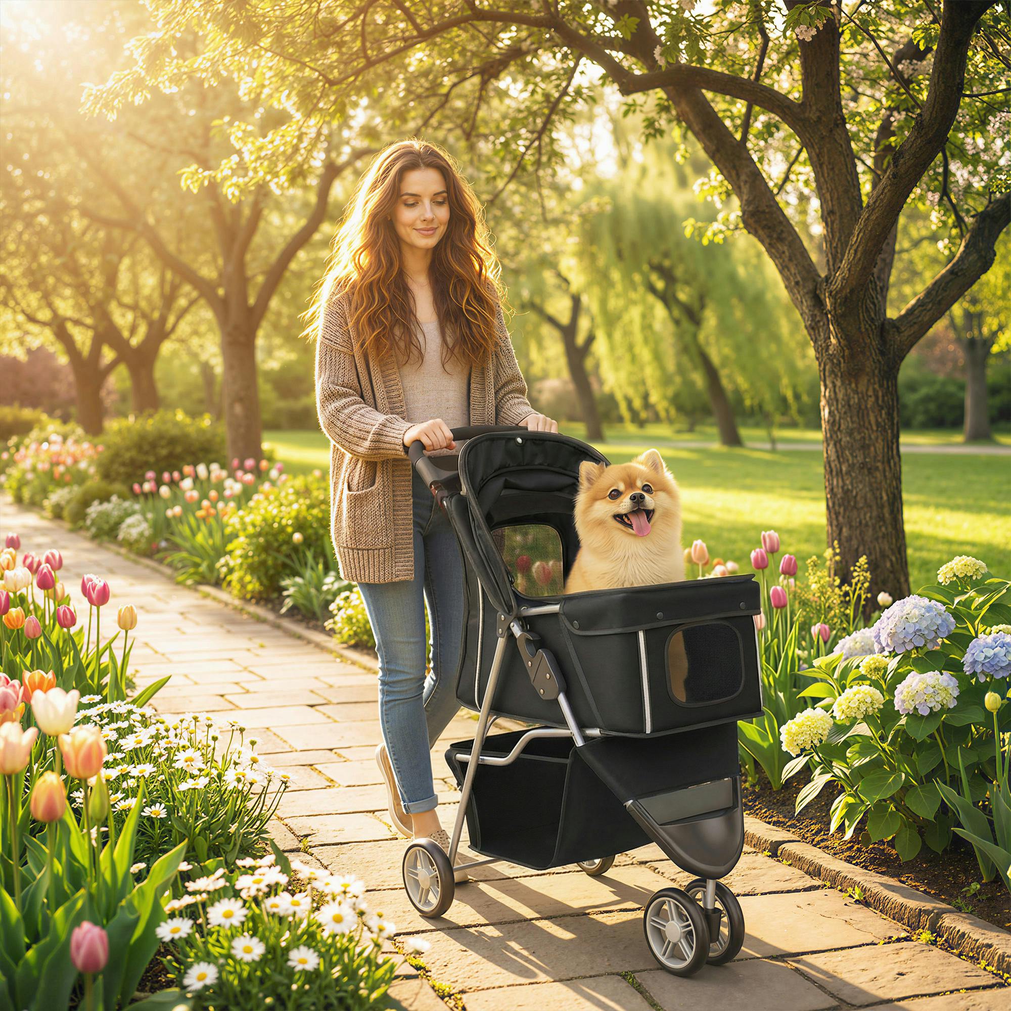 Pawhut Black Pet Stroller Pushchair Carrier For Cat Puppy With 3 Wheels