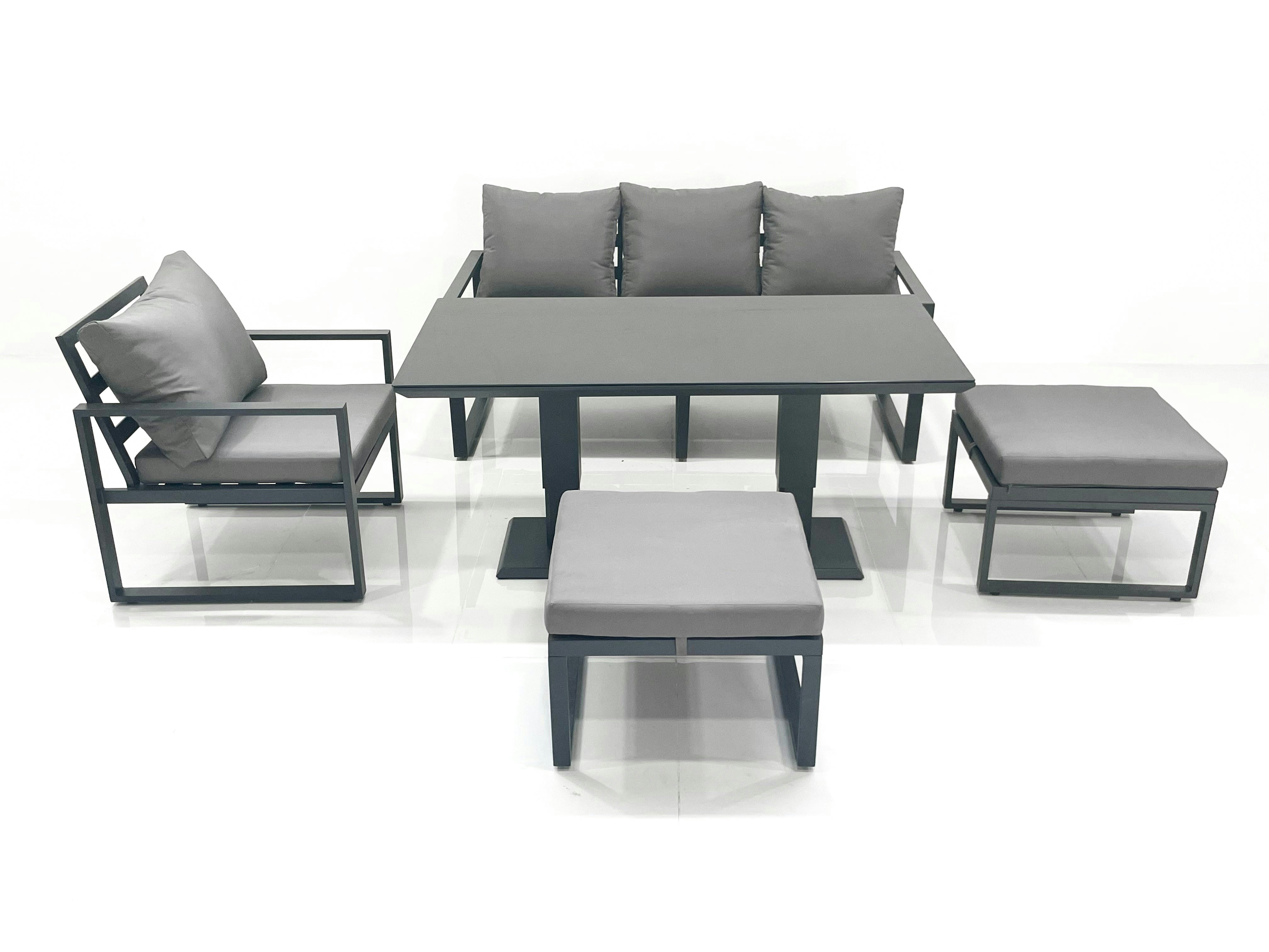 Fimous Dark/Grey 6 Seater Garden Sofa Set Aluminium Furniture Rising Dining Tabe Set With Chair 2 Big Footstool