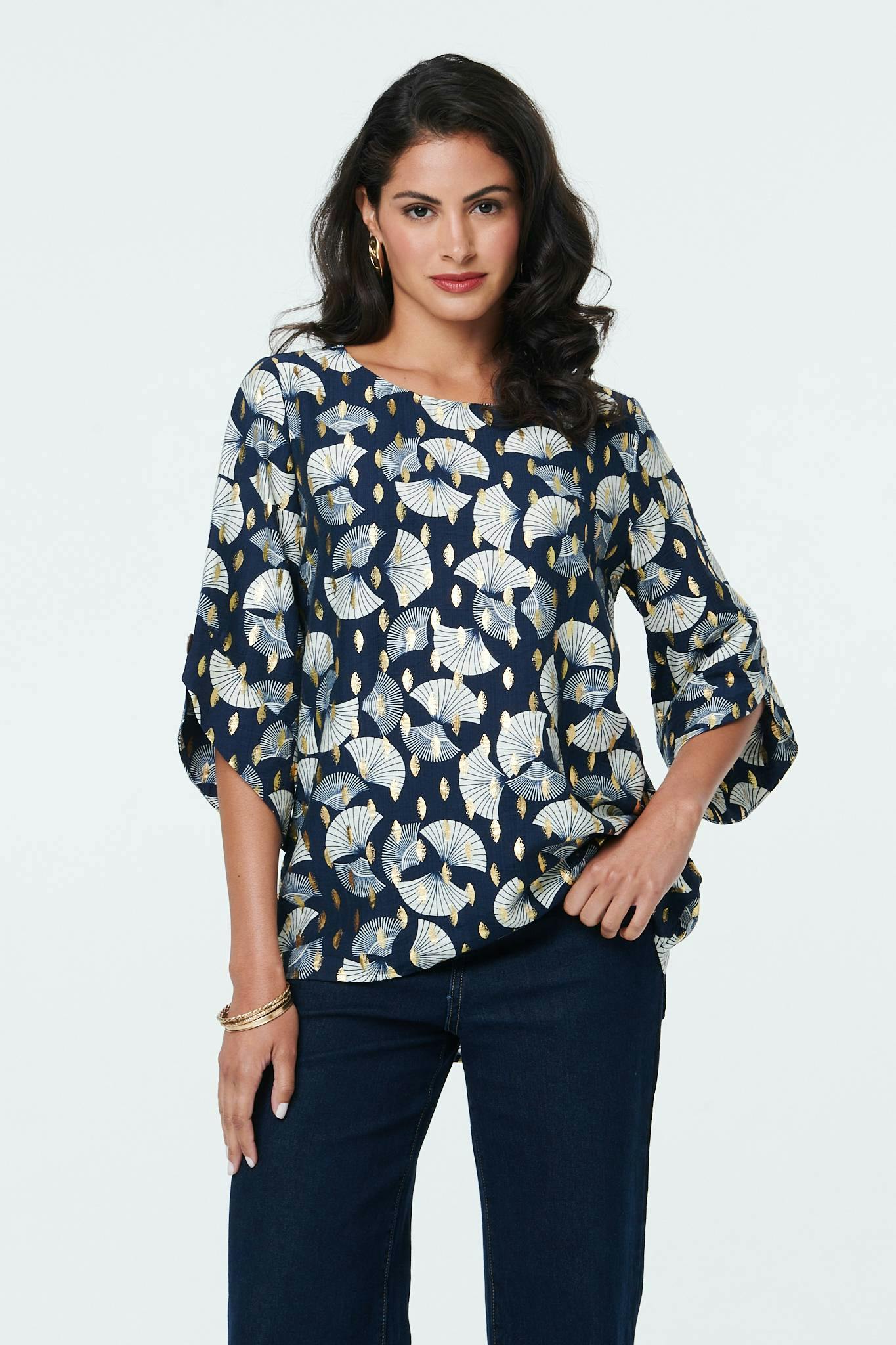 Izabel London Abstract Metallic Print 3/4 Sleeve Tunic - 8 - Navy