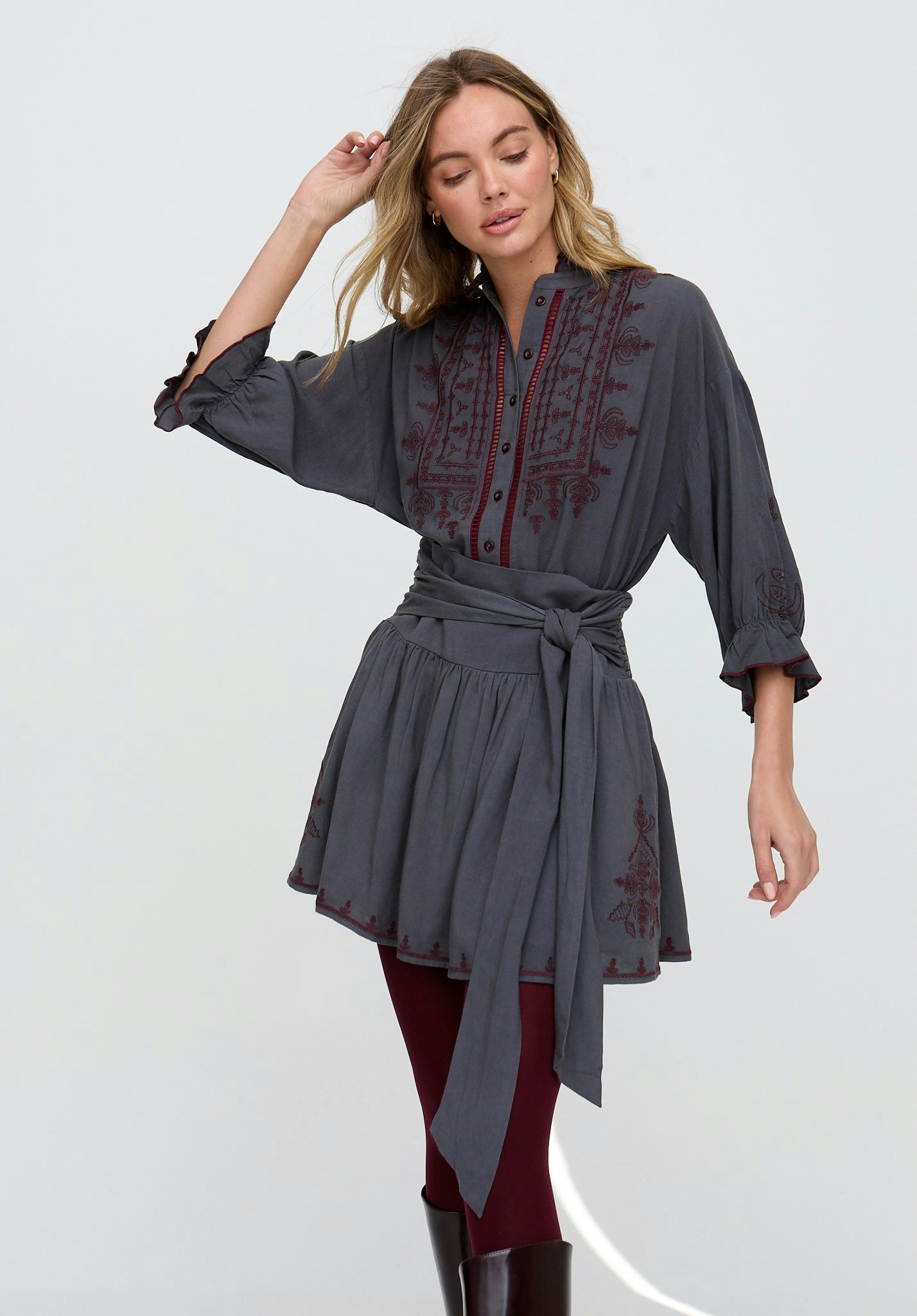 Raffya Dark/Grey Julie Embroidered Skater Mini Skirt In - 14
