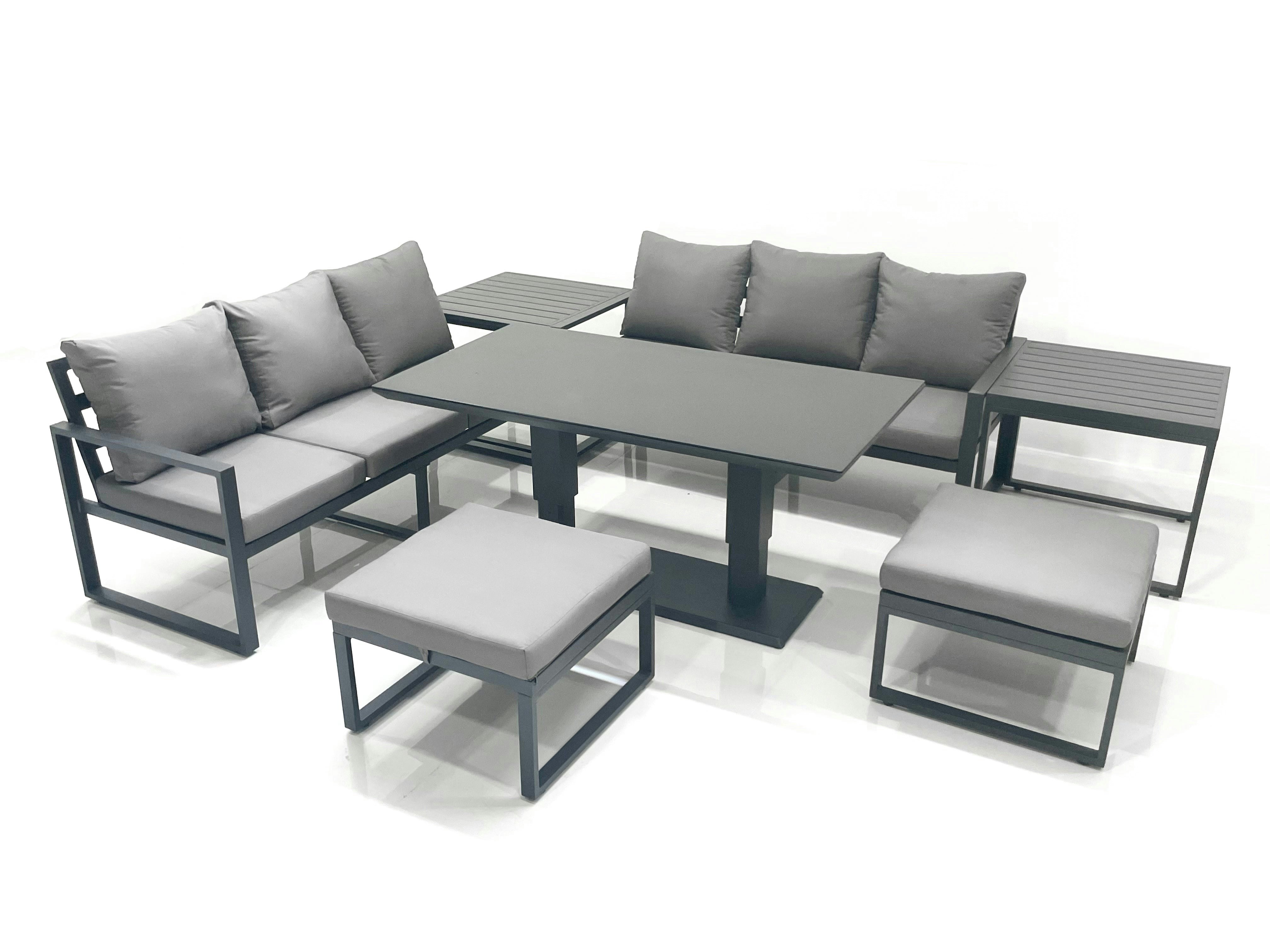 Fimous Dark/Grey 8-Seater Aluminium Outdoor Dining Set | Adjustable Rising Table, 3-Seater Sofa, 2 Footstools, 2 Side Tables |