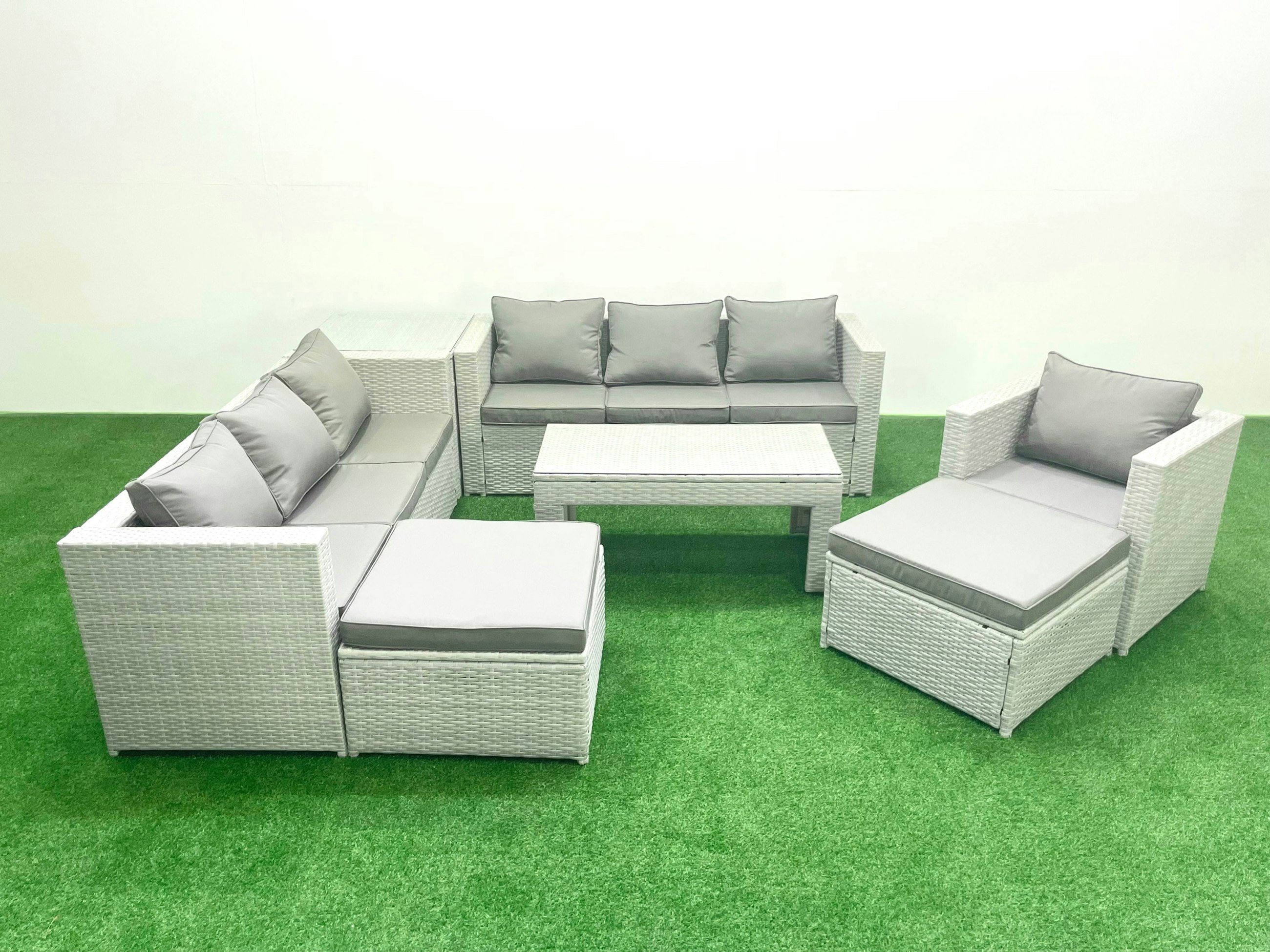 Fimous Light/Grey Wicker Pe Rattan Sofa Garden Furniture Set With Oblong Coffee Table Armchair 2 Big Footstools Side Table Mixed