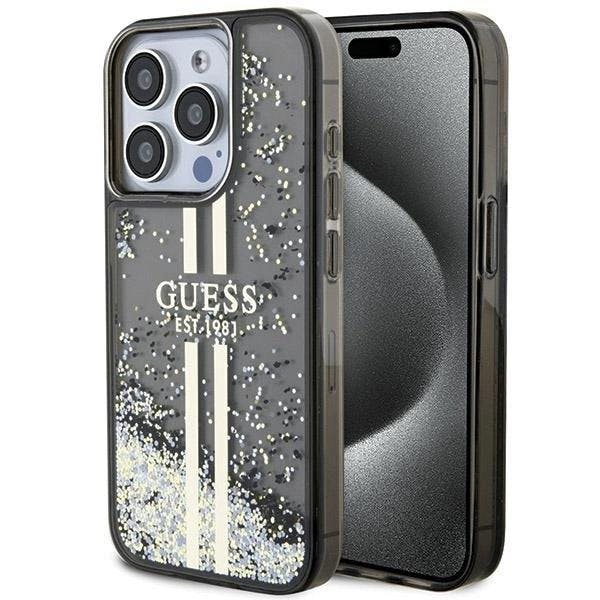 Guess Gold/Black Liquid Glitter Stripes Hard Case For Iphone 15 Pro 6.1" - Guhcp15llfcsegk