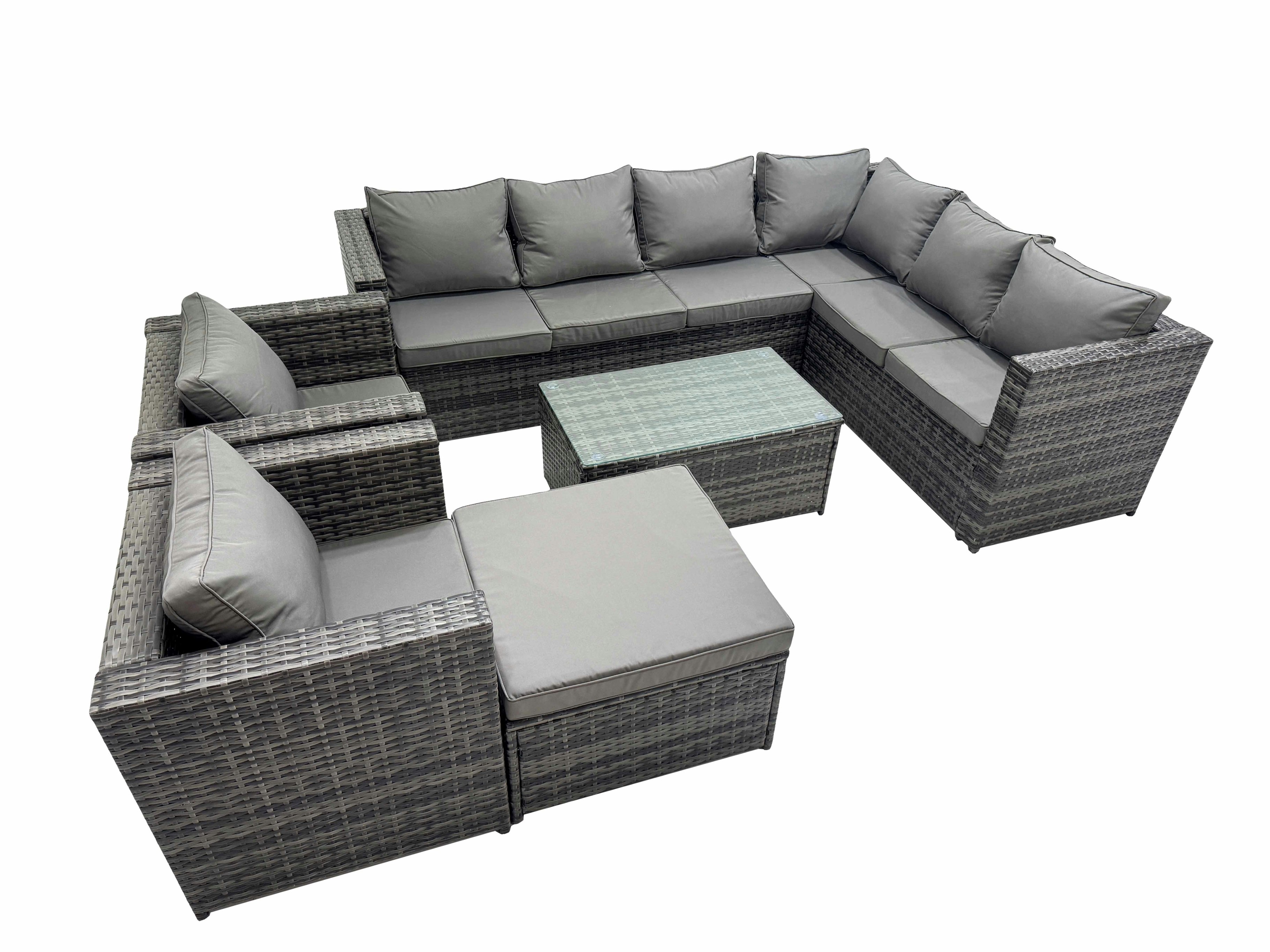 Rackhams Dark/Grey Patio Sofa Oblong Coffee Table Set Rattan Garden Furniture Set With 2 Chairs Big Stool Mixed