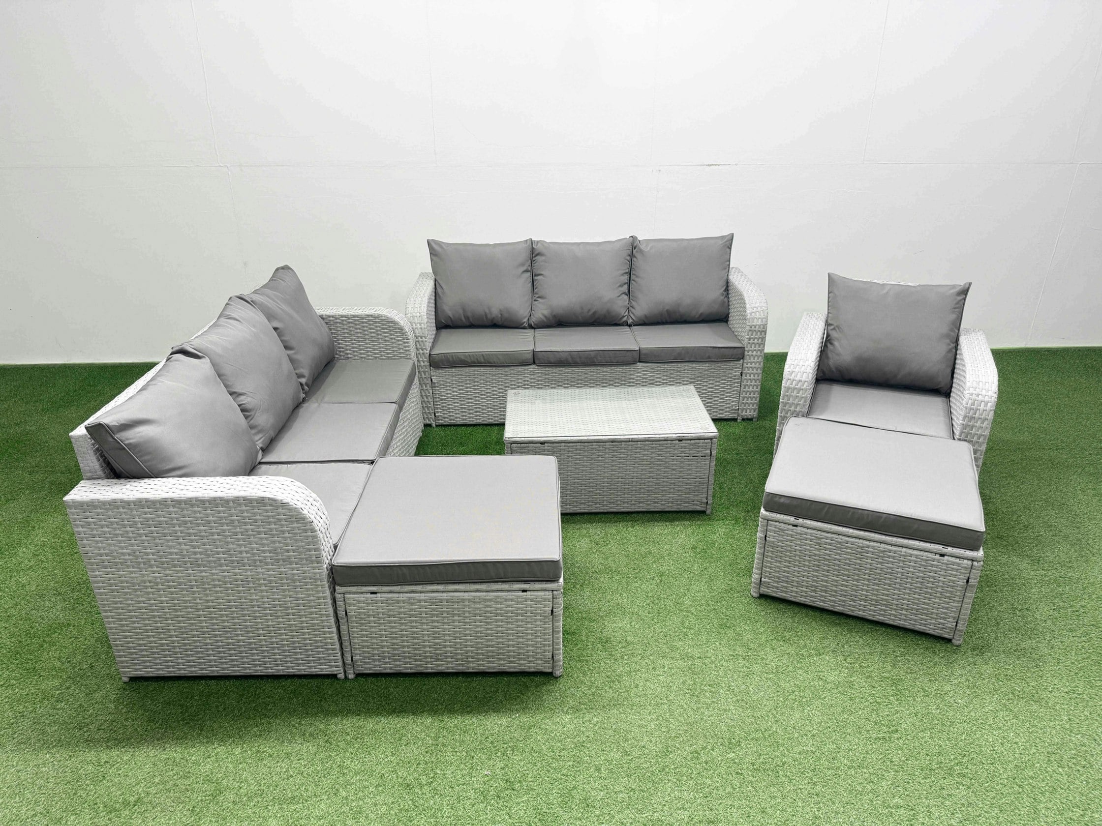 Fimous Light/Grey 9 Seater Poly Rattan Outdoor Garden Furniture Sofa Set Patio 3 Seater Sofa Reclining Chair 3 Seater Sofa 2 Big Footstools