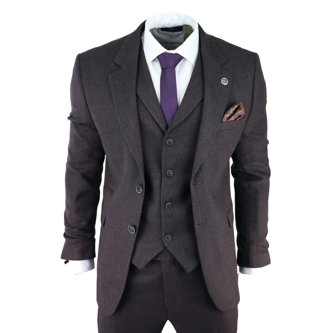 Truclothing Men's Purple Ak-05 - Herringbone Tweed 3 Piece Suit Plum 1920S Blinders - 50" Jacket 44" Trousers