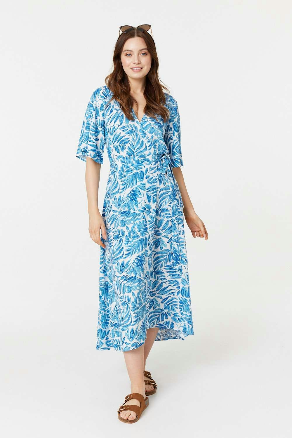 Izabel London Blue Leaf Print 1/2 Sleeve Wrap Dress - 8