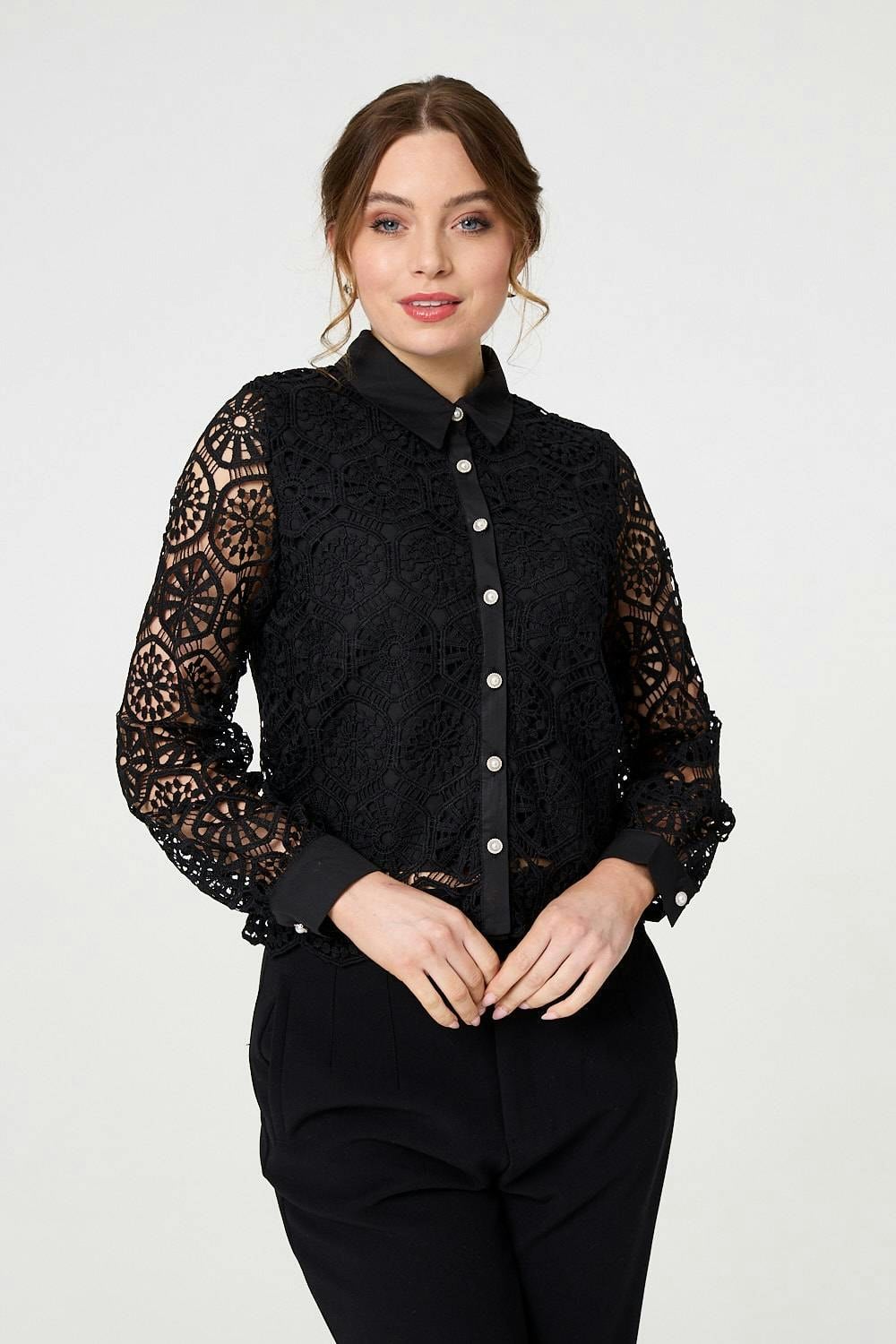 Izabel London Black Lace Layer Sheer Sleeve Cropped Shirt - S