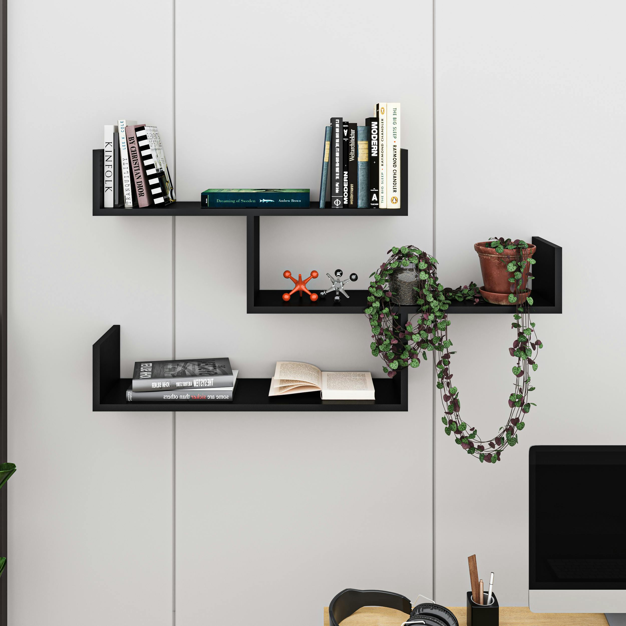Decortie Black Modern Tibet Wall Mounted Shelf Floating Bookcase Display Unit 66.5X119x22cm