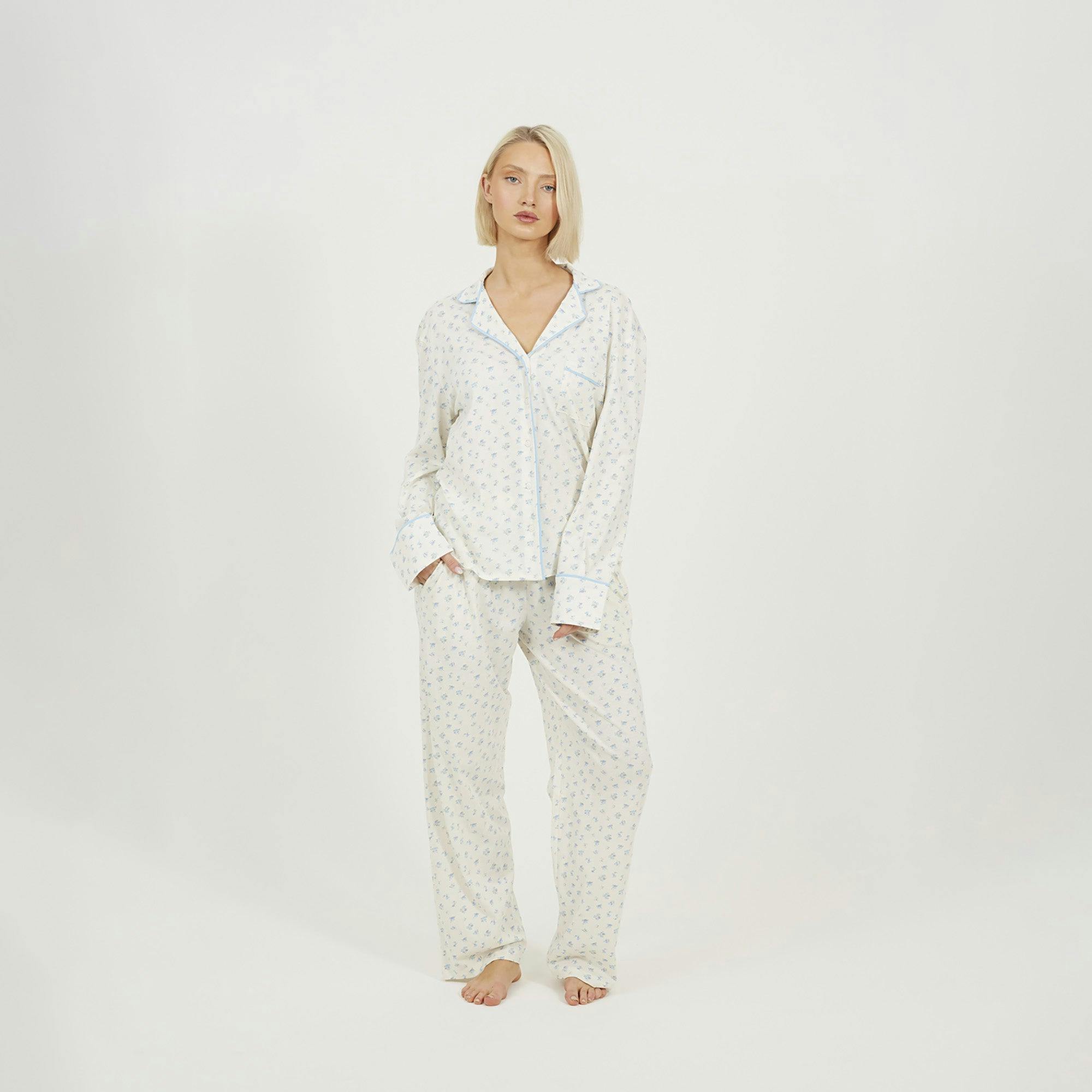 Brave Soul White Printed Long Sleeve Button Down Pyjama Set - Xs
