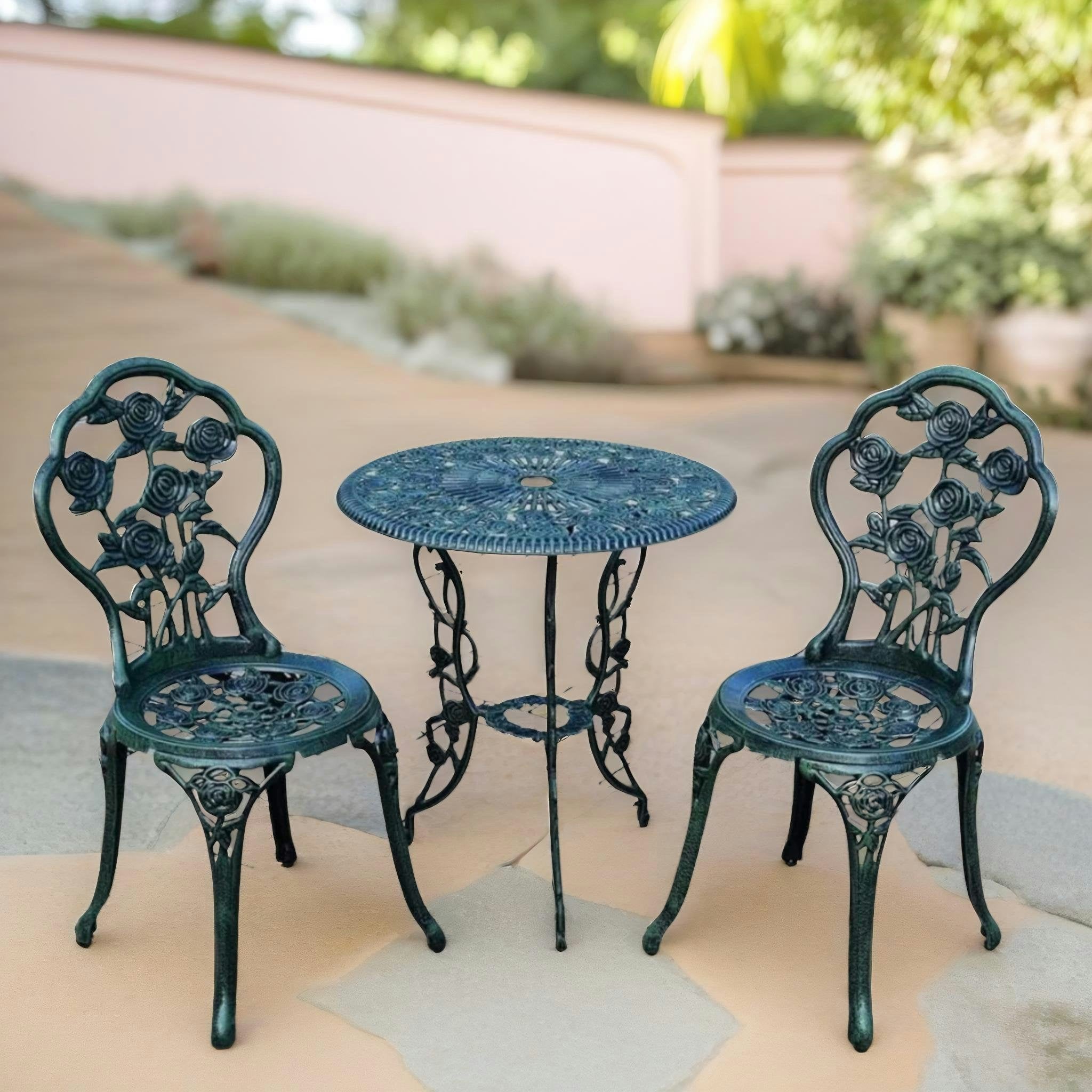Rackhams Green Set Of 3 Cast Iron Rose Floral Bistro Table And Chair