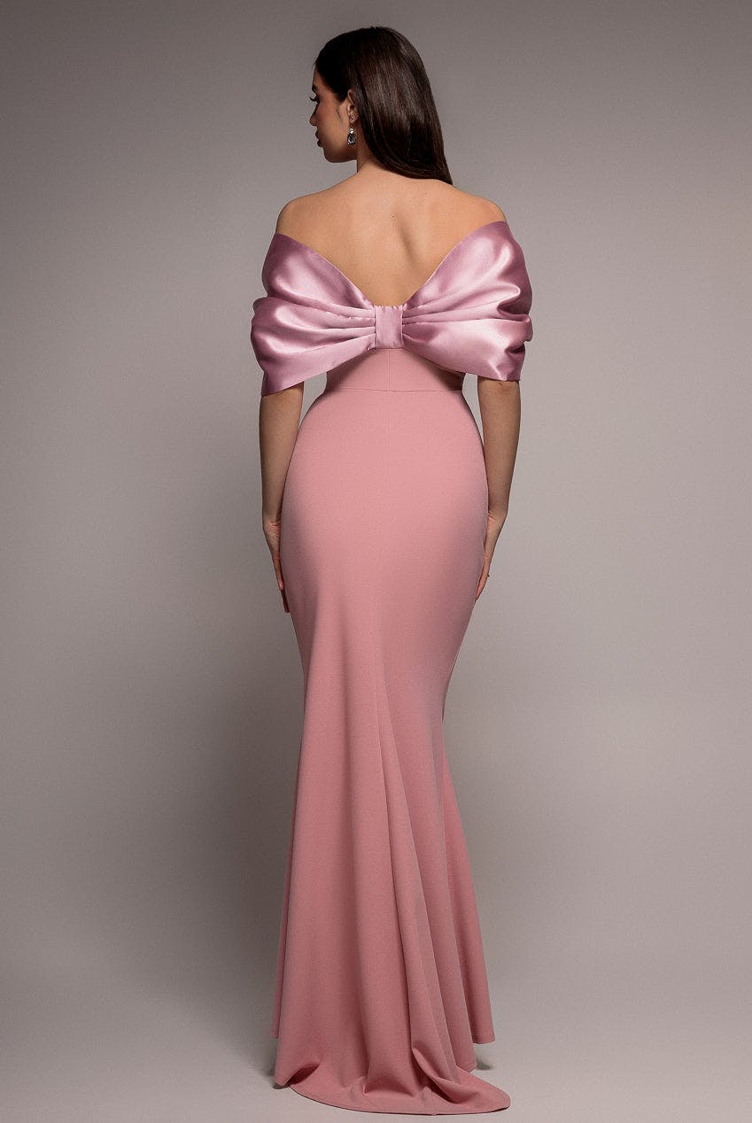 Goddiva Pink Off Shoulder Back Satin Bow Scuba Maxi Dress - Blush By - Blush - 10