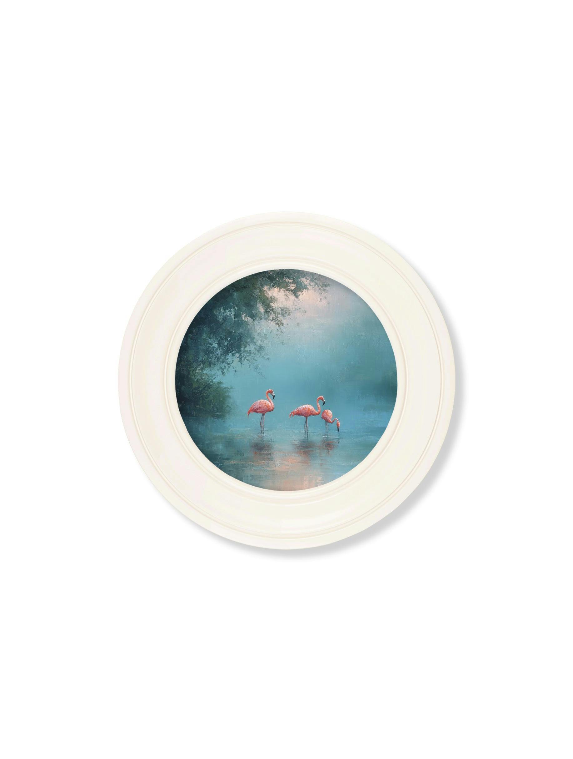 Rackhams White Misty Lake Flamingos - Oxford Strong Round Frame - 44 X 44Cm