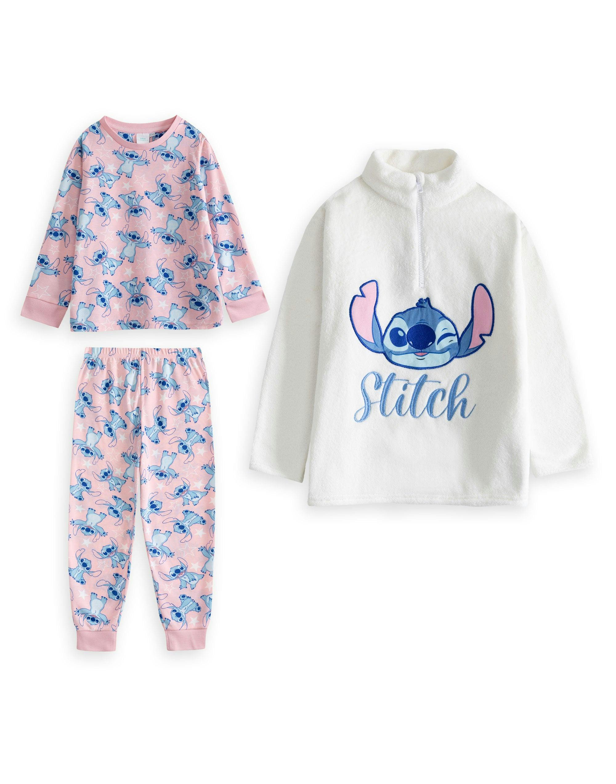 Vanilla Underground Girls Pink Lilo & Stitch Character Long Sleeve Long Leg Pyjama And Jumper 3 Piece Set - 11-12 Years