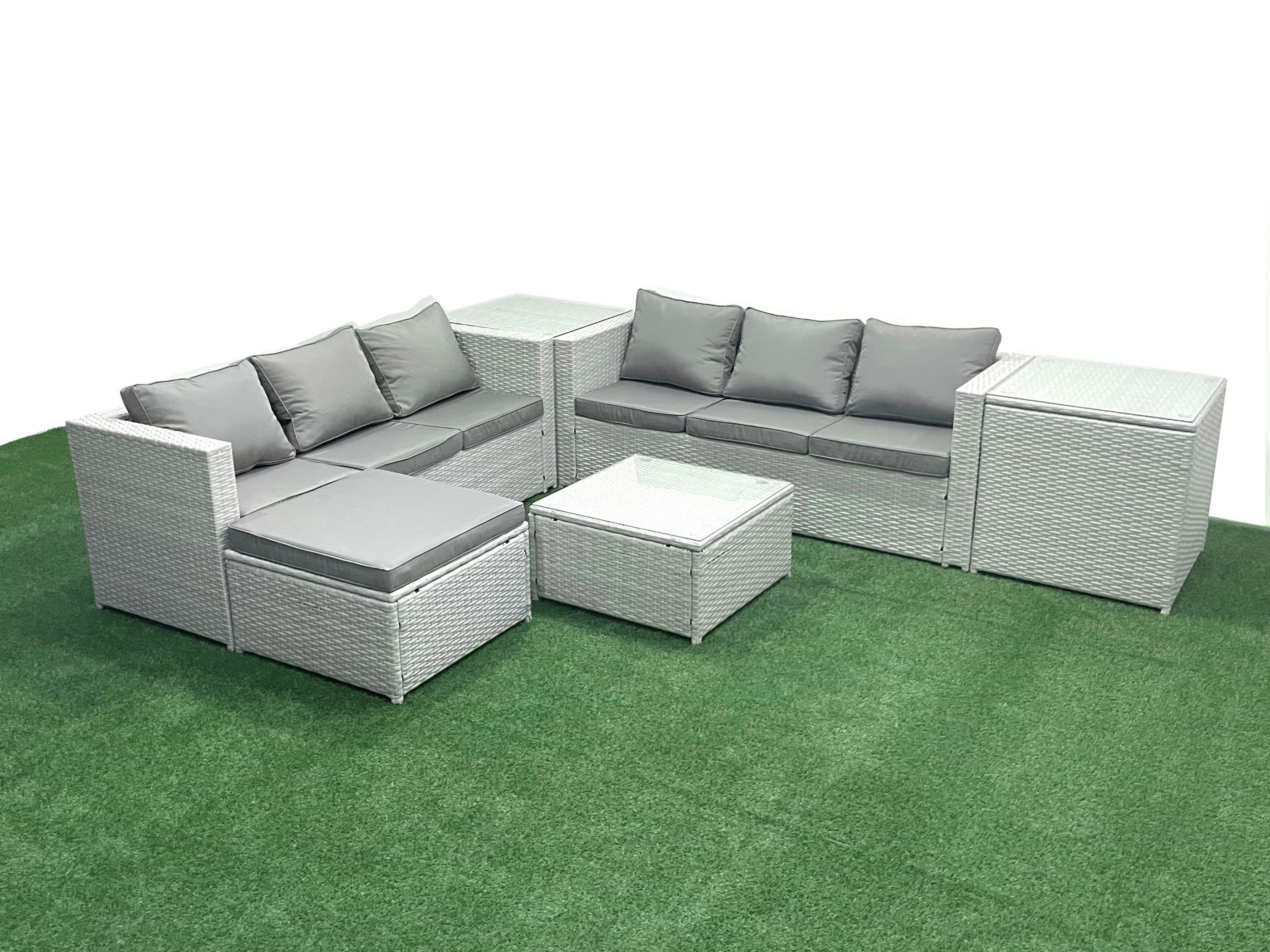 Rackhams Light/Grey Rattan Garden Outdoor Furniture Set 7 Seater Rattan Garden Sofa Set With Big Footstool 2 Side Tables Mixed