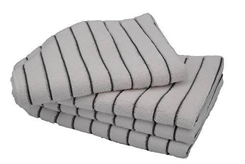 Rackhams White/Grey 4 Pieces Soft Microfibre Tea And Dish Towels- Super Absorbent And Lint Free Kitchen Towel With And Stripe (45X65 Cm, 300 Gsm)