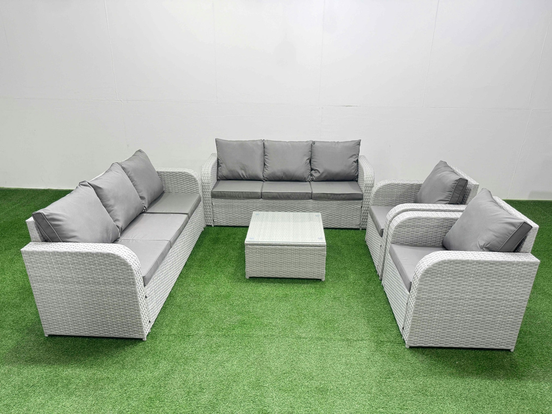 Fimous Light/Grey Pe Rattan High Back Lounge Sofa Set Patio Square Coffee Table & Chairs Set With 3 Seater Sofa Reclining Chair