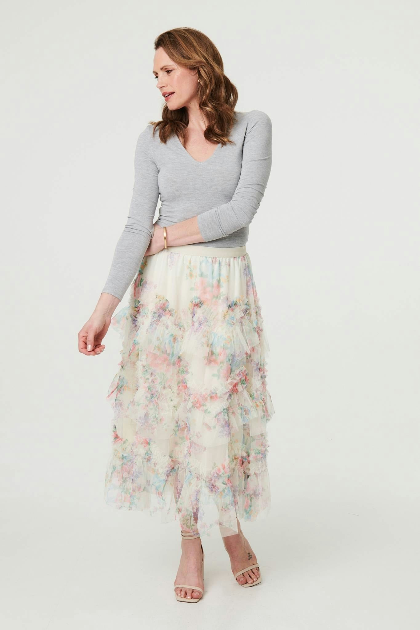 Izabel London Cream Floral Semi Sheer Mesh Ruffled Midi Skirt - 12/14