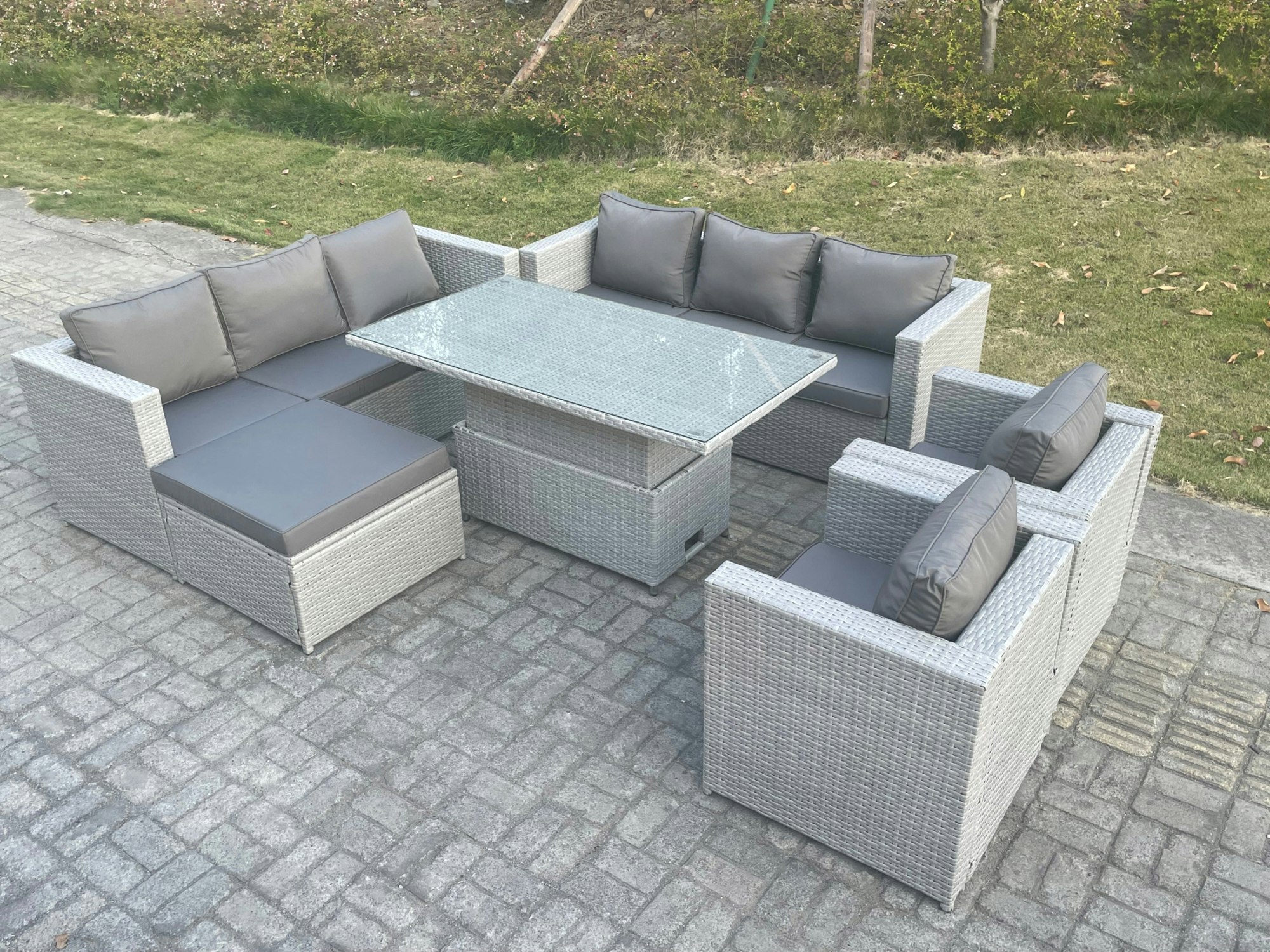 Rackhams Grey/Dark Rattan Garden Funiture Set Height Adjustable Rising Lifting Table Sofa Dining Set Lounge Sofa Arm Chair Footstool Size 2