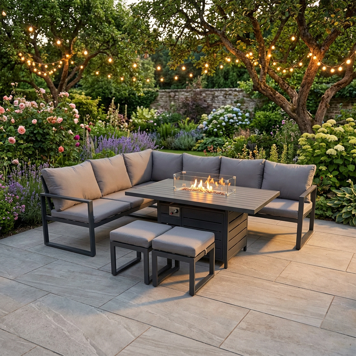 Rackhams Dark/Grey Aluminum Outdoor Garden Furniture Corner Sofa Gas Fire Pit Table Sets 2 Stools Gas Heater Burner 8 Seater