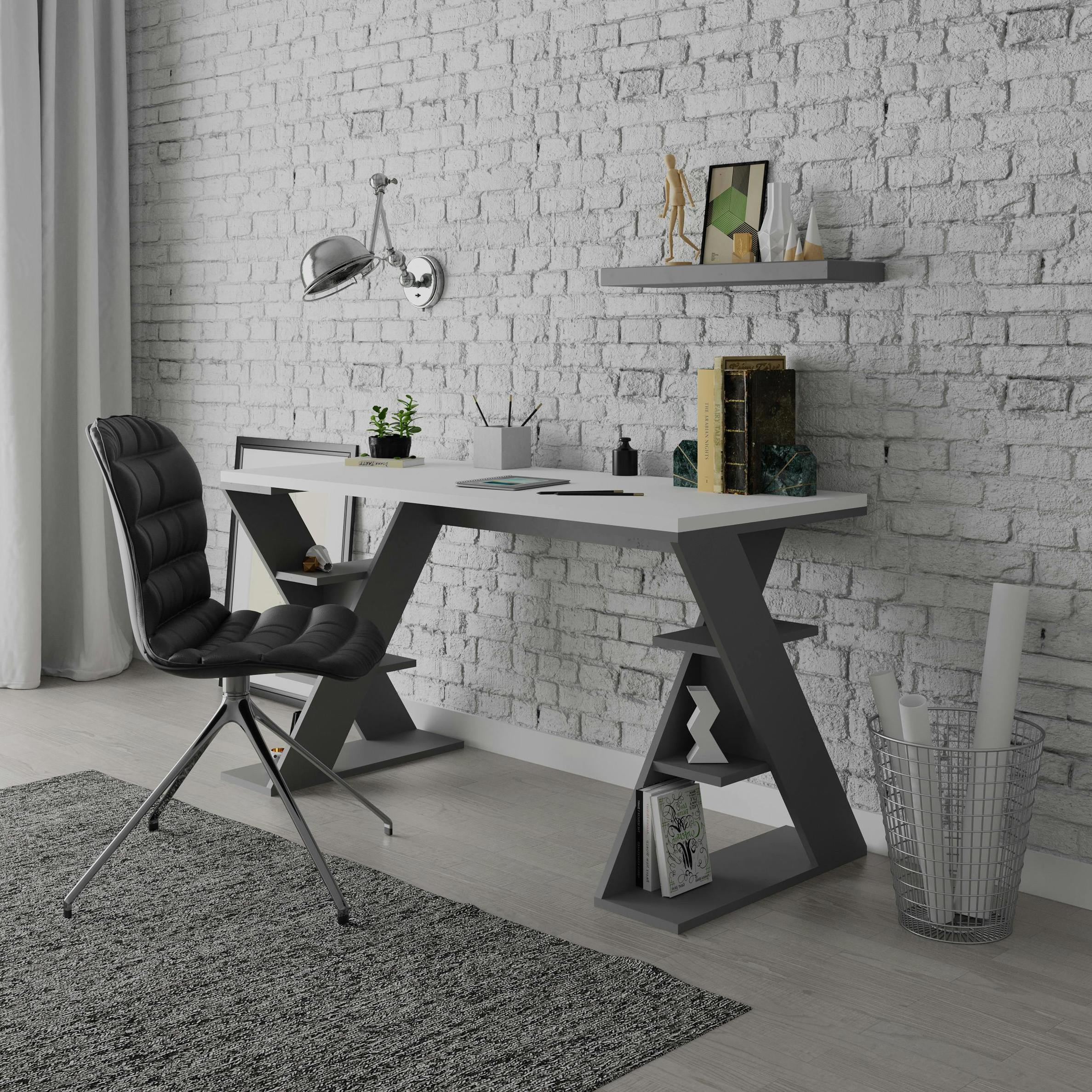B&Q - Papillon Desk With Bookshelf Storage Legs Modern Minimalist Workspace Desk White Anthracite Grey 137X75X60 Cm - Image 2