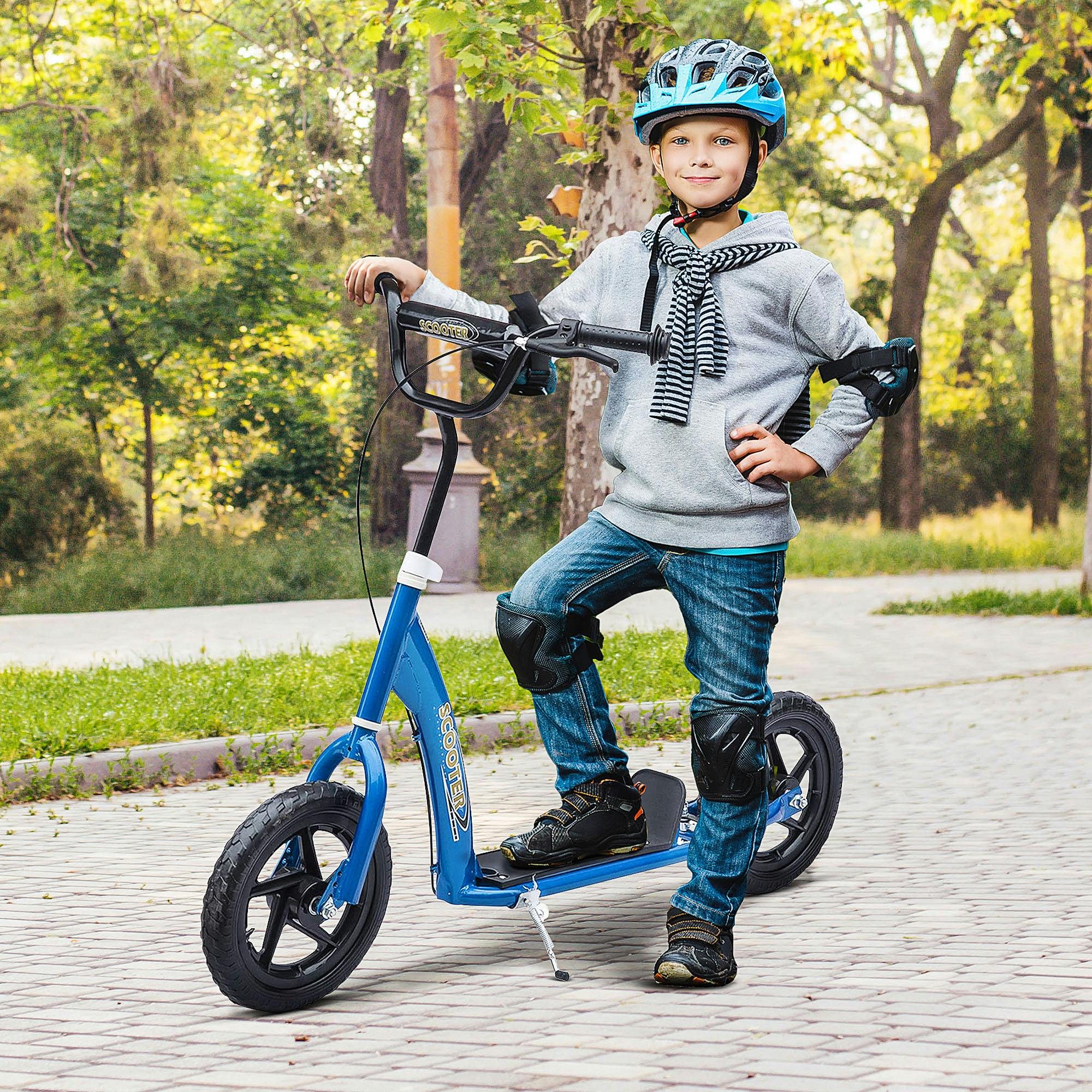 Homcom Blue Kids Scooter Kick Scooter With 12" Eva Tyres, Rear Brake, Big Wheels Scooter For 5-12 Years Old