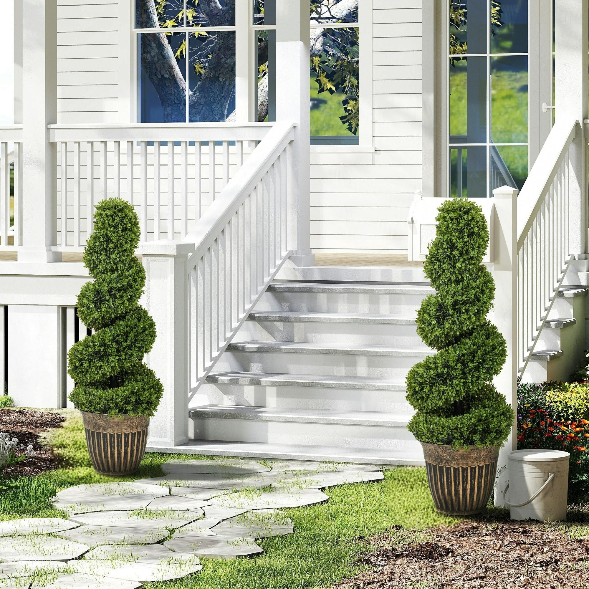 Homcom Set Of 2 Potted Artificial Plants, Topiary Spiral Boxwood Trees, 90Cm - 30Cm X 30Cm X 90Cm - 2 - Pe, Steel