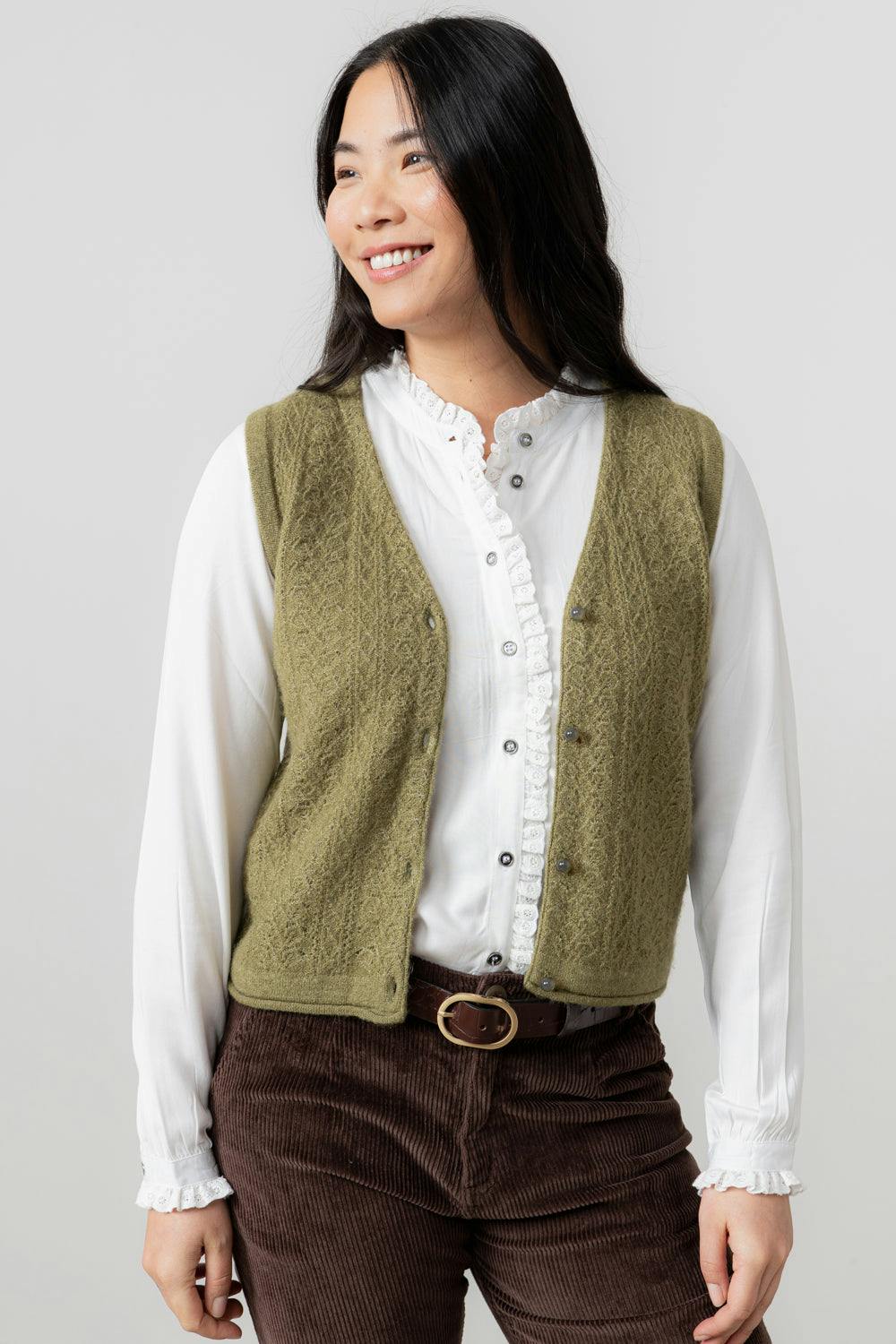 Lily & Me Marly Sleeveless Pointelle Knit Cardigan Moss - 14 - Moss