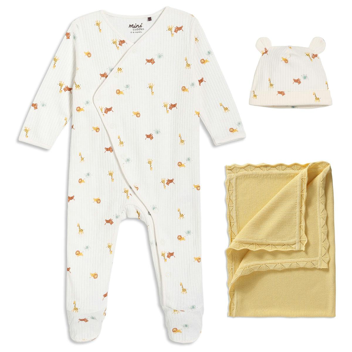 Mini Cuddles Unisex Infant Baby Animal Print 3Pc Essentials Gift Set, Multicolour - Nb