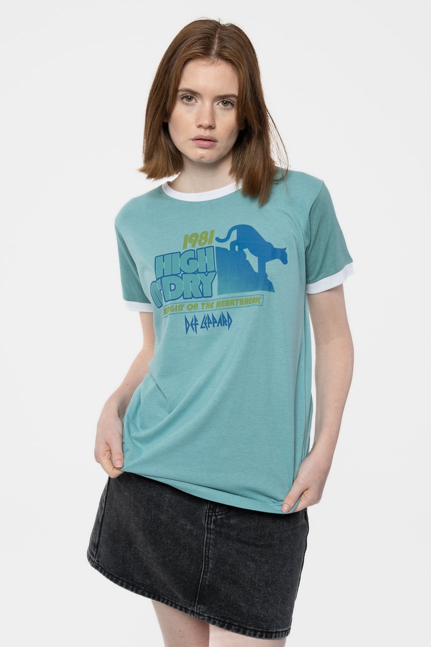 Paradiso Clothing Unisex Green Paradiso Def Leppard High N Dry Ringer T Shirt - S