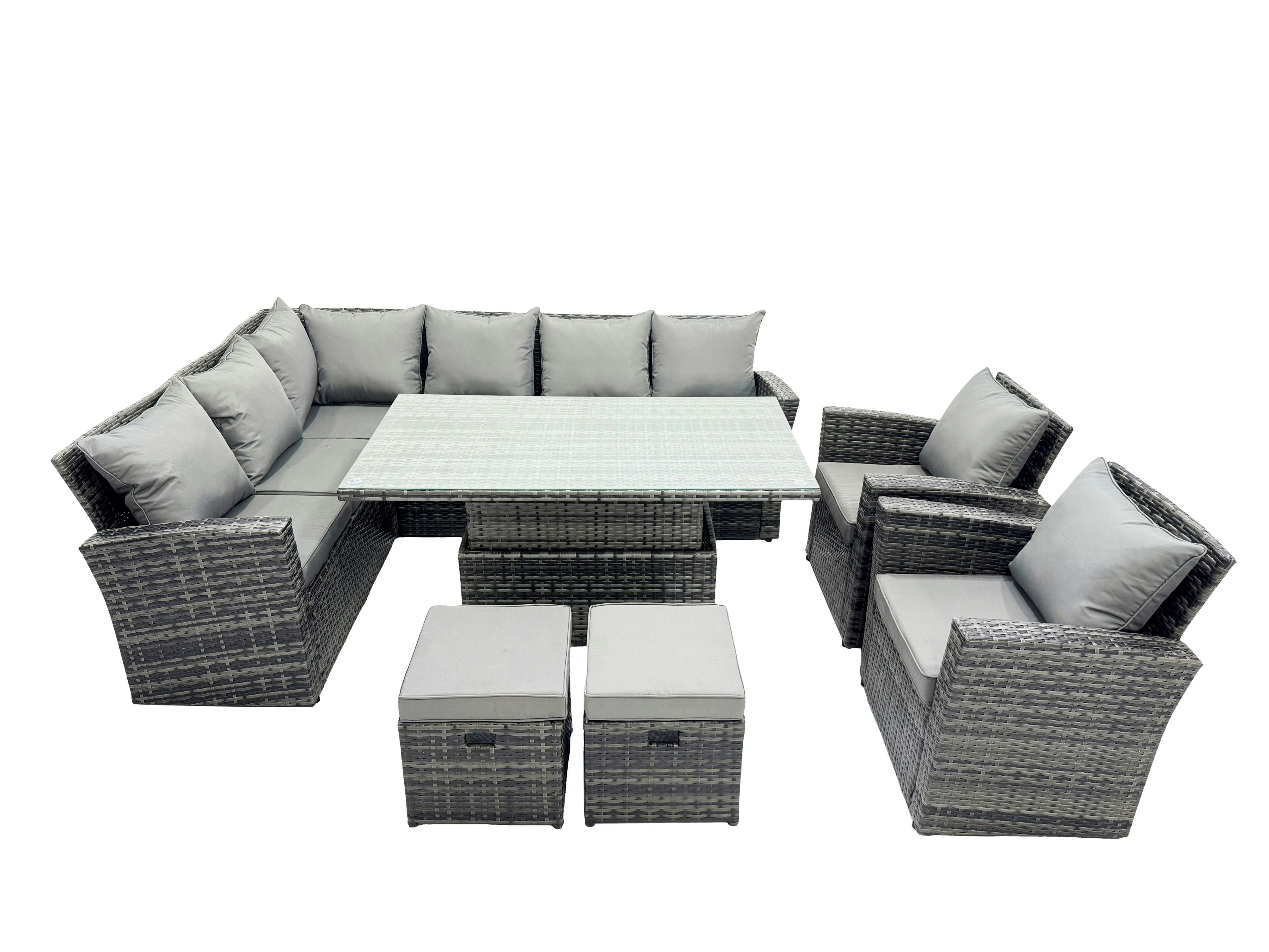 Fimous Dark/Grey Rattan Outdoor Patio Height Adjustable Rising Lifting Table Corner Sofa Set With 2 Small Stool,2 Chairs For Garden Backyard Mixed