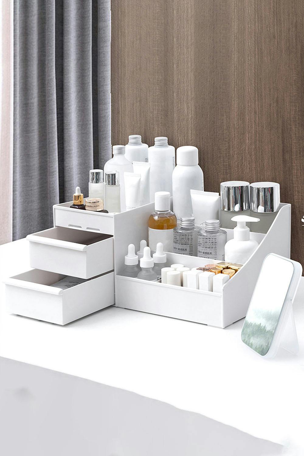 Living And Home White Plastic Makeup Storage Box Multifunctional Desktop Cosmetic Organizer - One Size