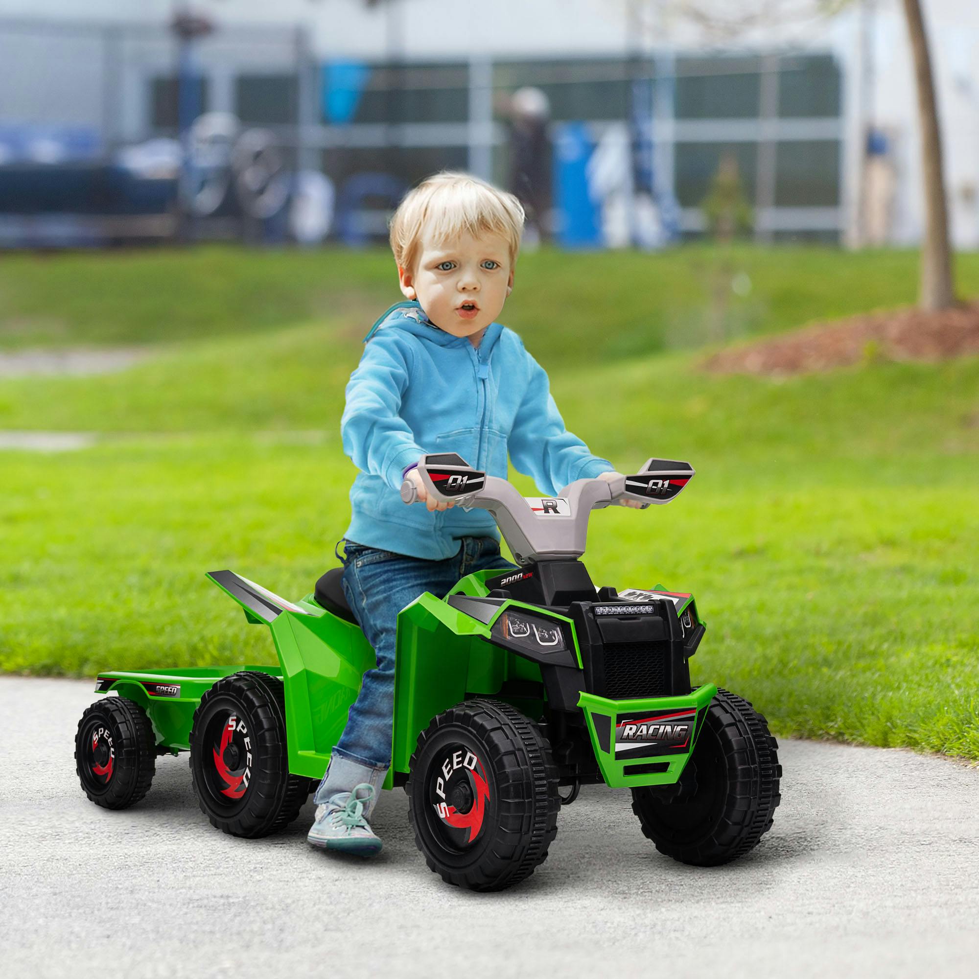 Homcom Green Electric Quad Bike, 6V Kids Ride-On Atv With Back Trailer