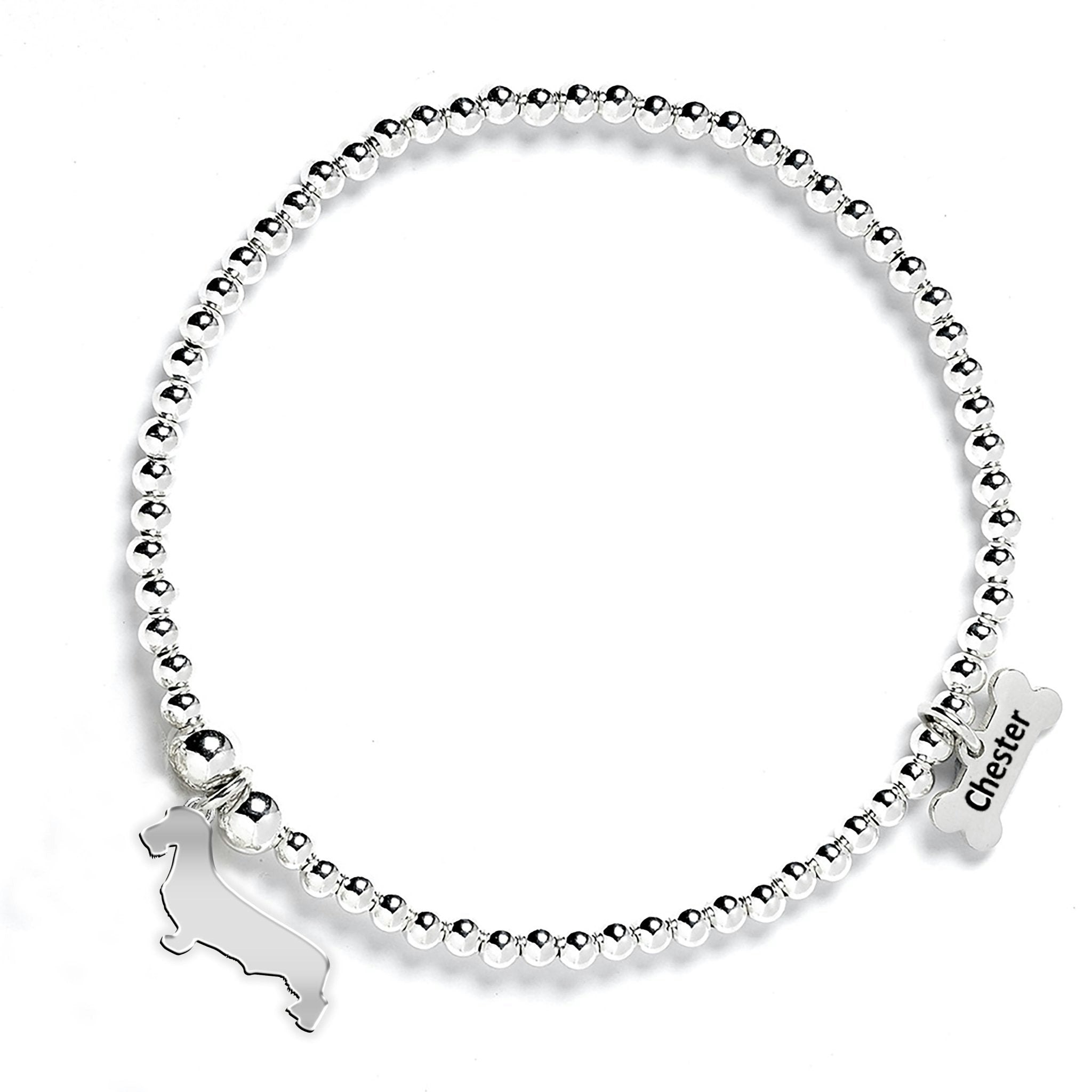 Mylee London Silver Wirehaired Dachshund Silhouette Ball Bead Bracelet - Personalised - No