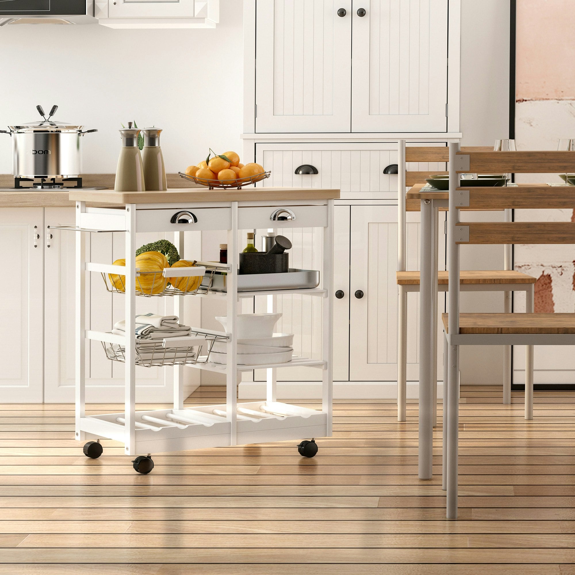Homcom White Rolling Kitchen Island Trolley, Serving Cart W/ Drawer, Basket