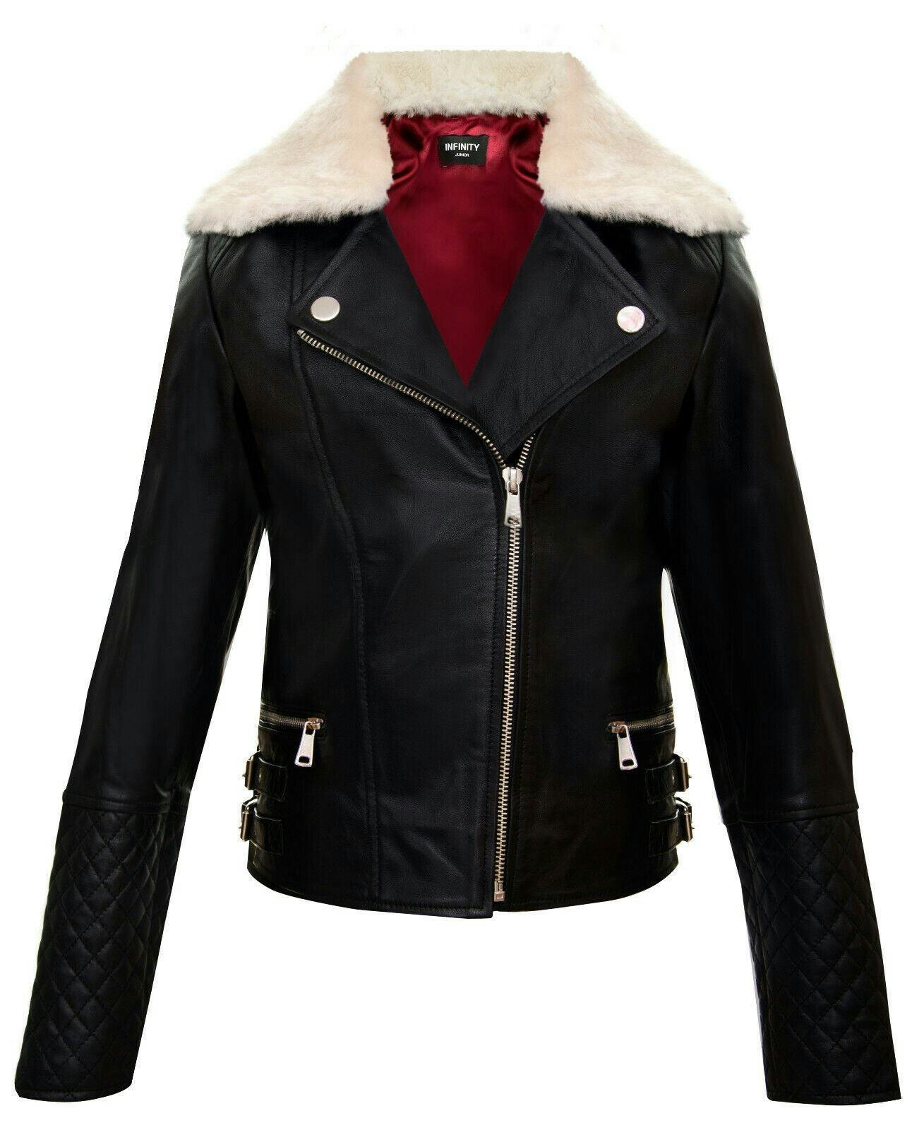 Infinity Leather Girls Black Kids Jackets 100% Leather Detachable Collar Biker Jackets (3-13 Years) - 4-5 Years