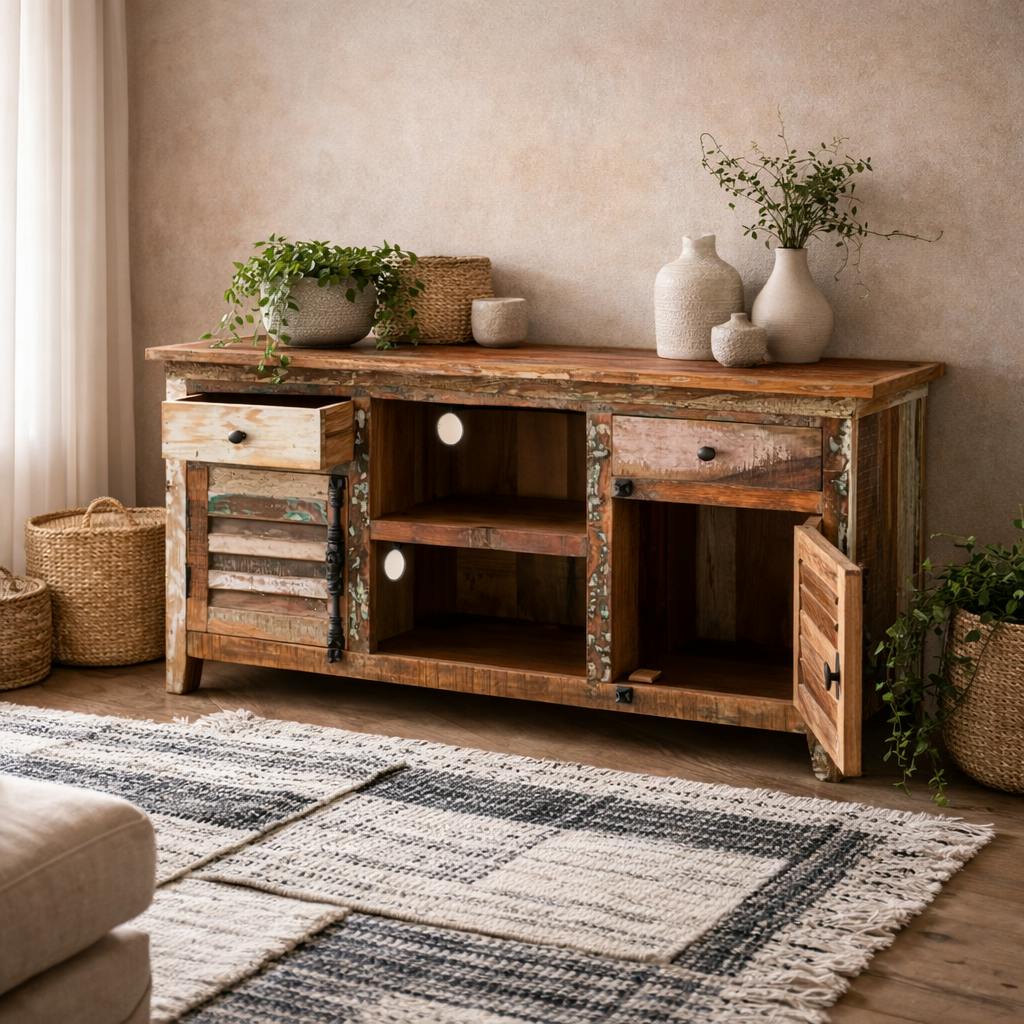 Wyld Haus Grain Seattle Reclaimed Wood Media Sideboard 2 Drawers 2 Doors 1 Shelf