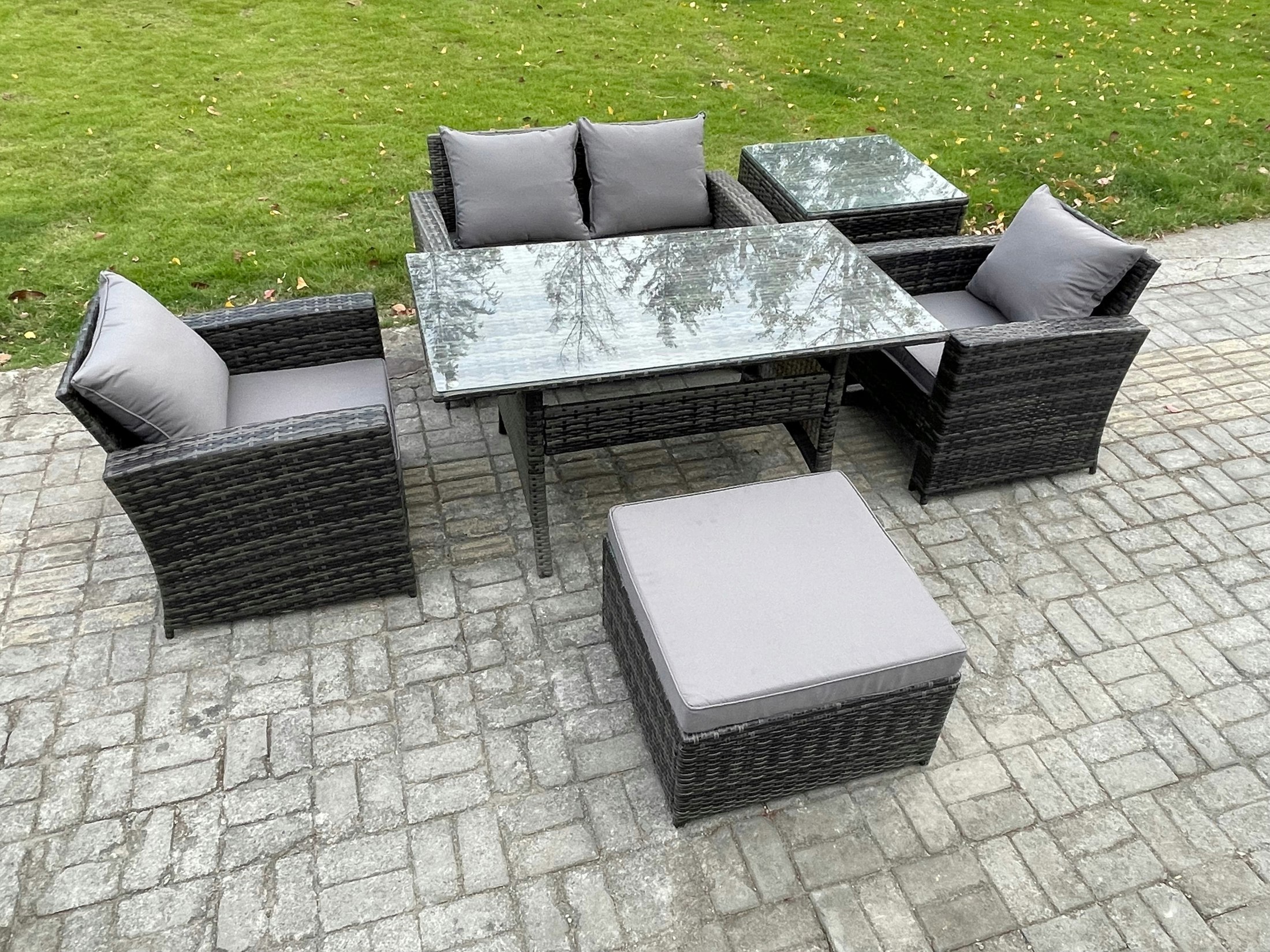 Rackhams Dark/Grey Pe Wicker Outdoor Garden Furniture Set Patio Furniture Rattan Rectangular Dining Table Lounge Sofa With Big Footstool Side Table