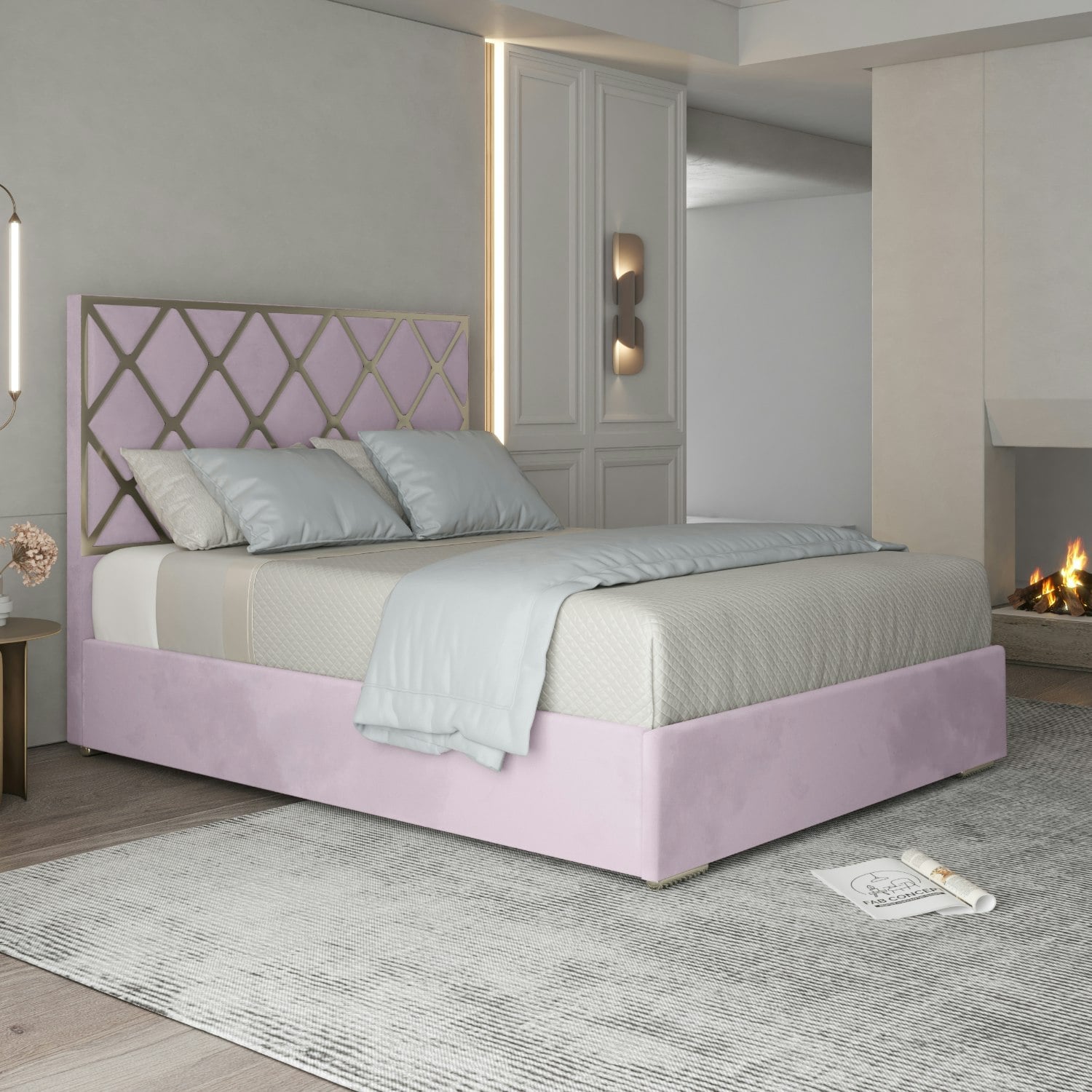 Rackhams Grey/Pink Sienna Sleigh Upholstered Soft Velvet Bed Frame - Double