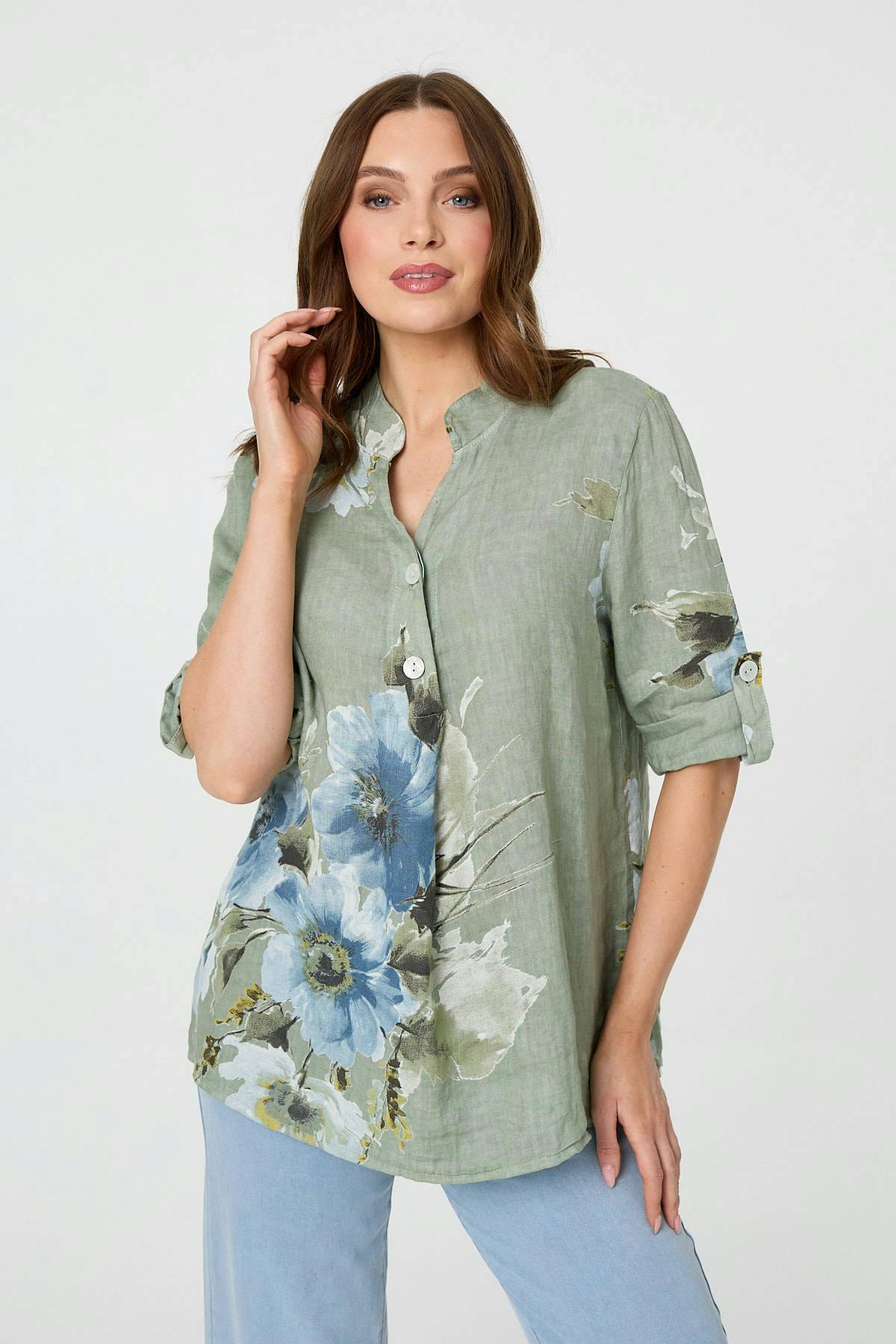 Izabel London Floral Relaxed Turn-Up Sleeve Blouse - 14 - Sage
