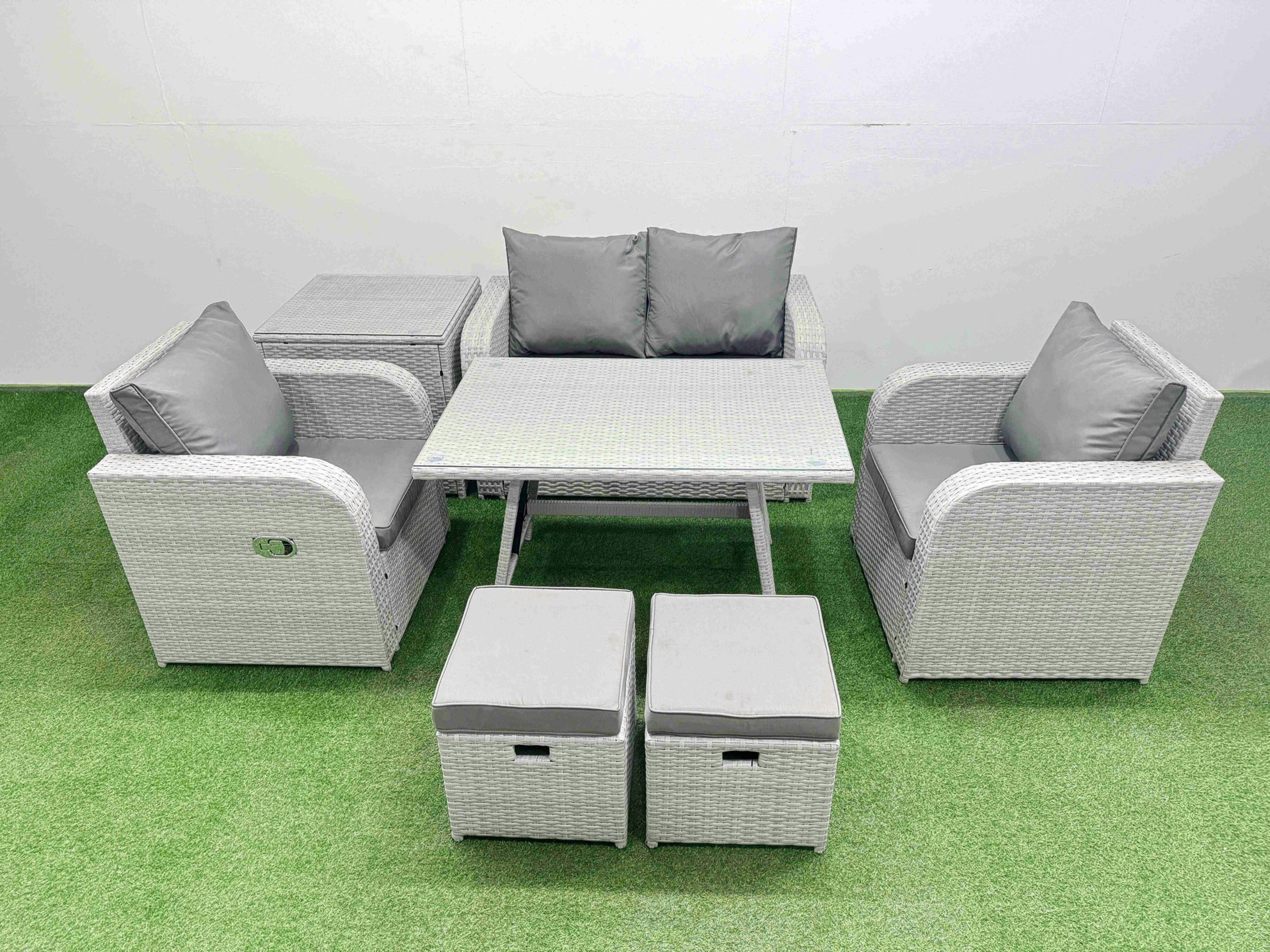 Rackhams Light/Grey Pe Wicker Rattan Garden Furniture Set Sofa Set Reclining Chair Love Sofa Rectangular Dining Table 2 Small Stools Side Table