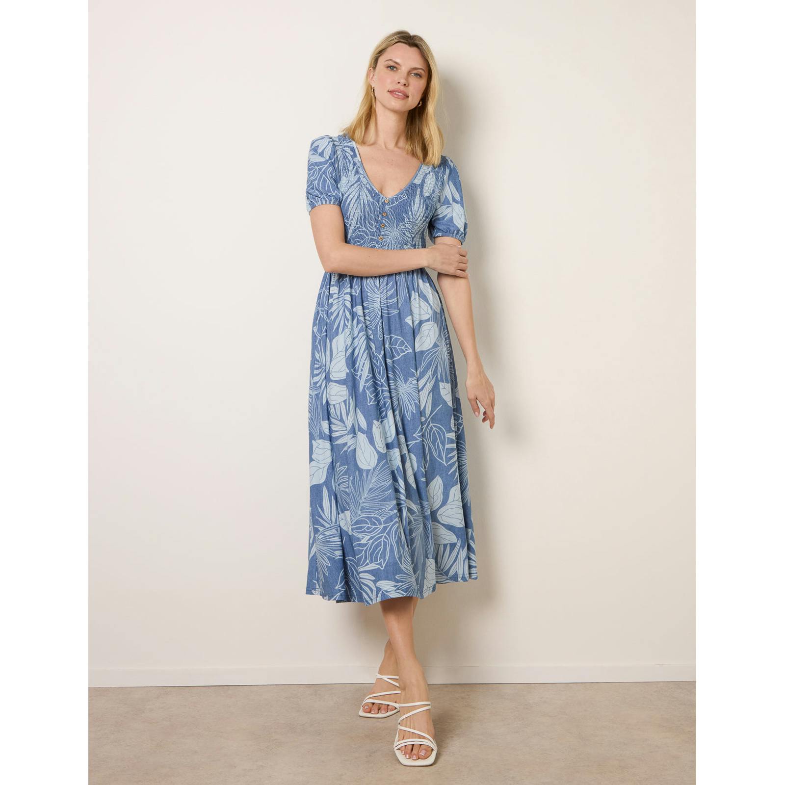 Blue Vanilla Shirred Button V Neck Midi Dress - S