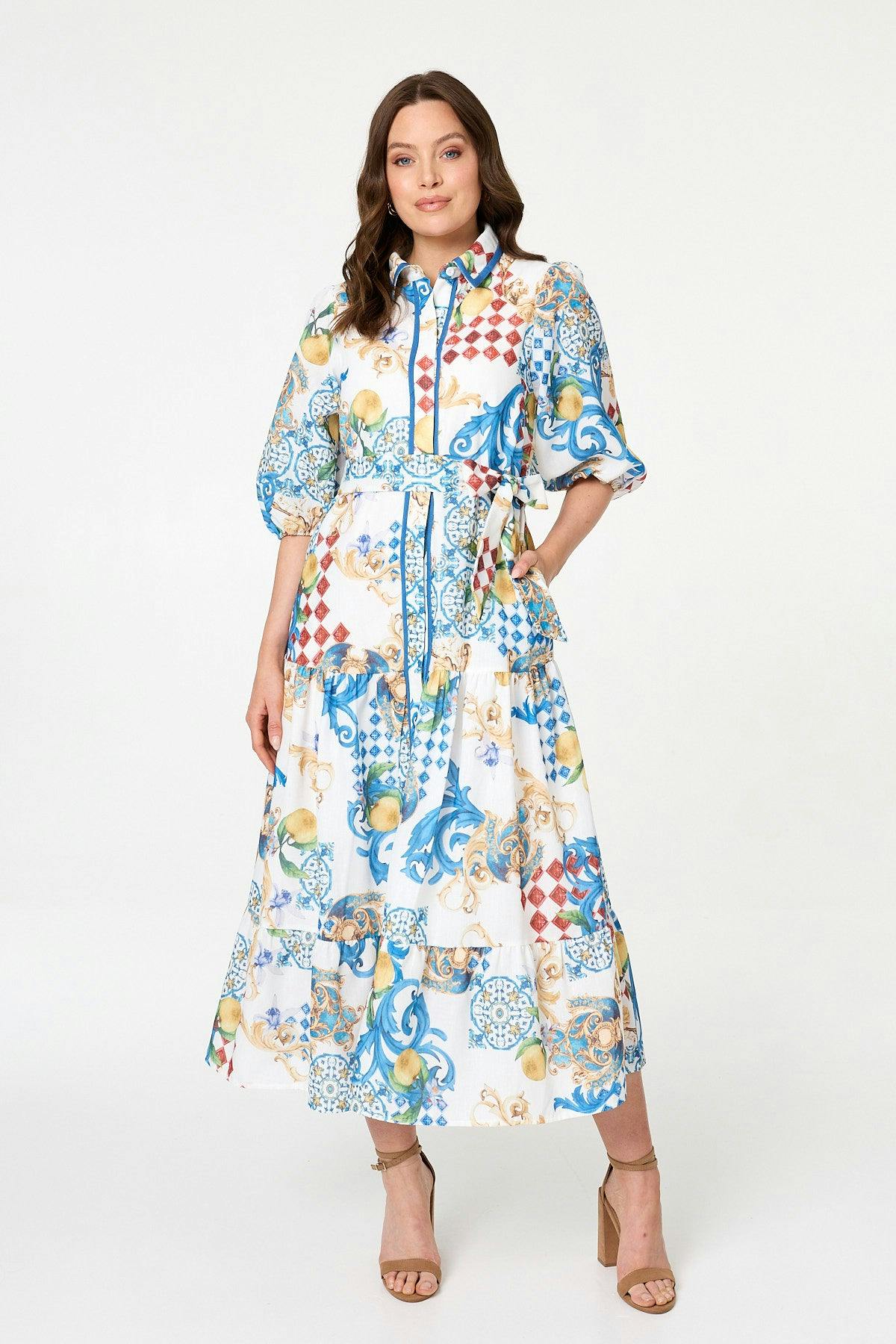 Izabel London White Printed 1/2 Puff Sleeve Shirt Midi Dress - 10