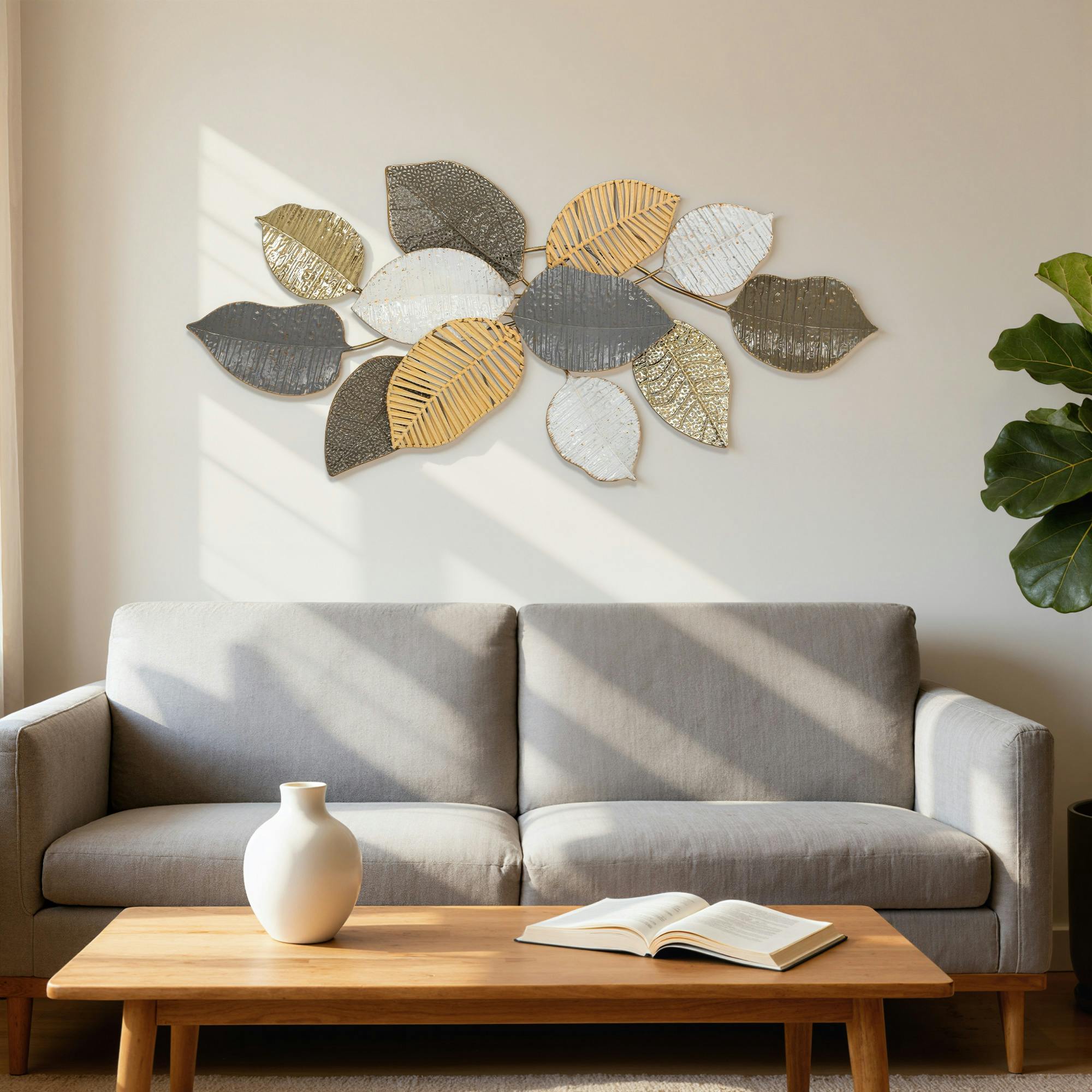 Rackhams Light/Gold/Grey Modern Wall Art With Leaf Design, Metal Hanging Decoration - Metal Wall Art - 1 - Tan, White, Natural